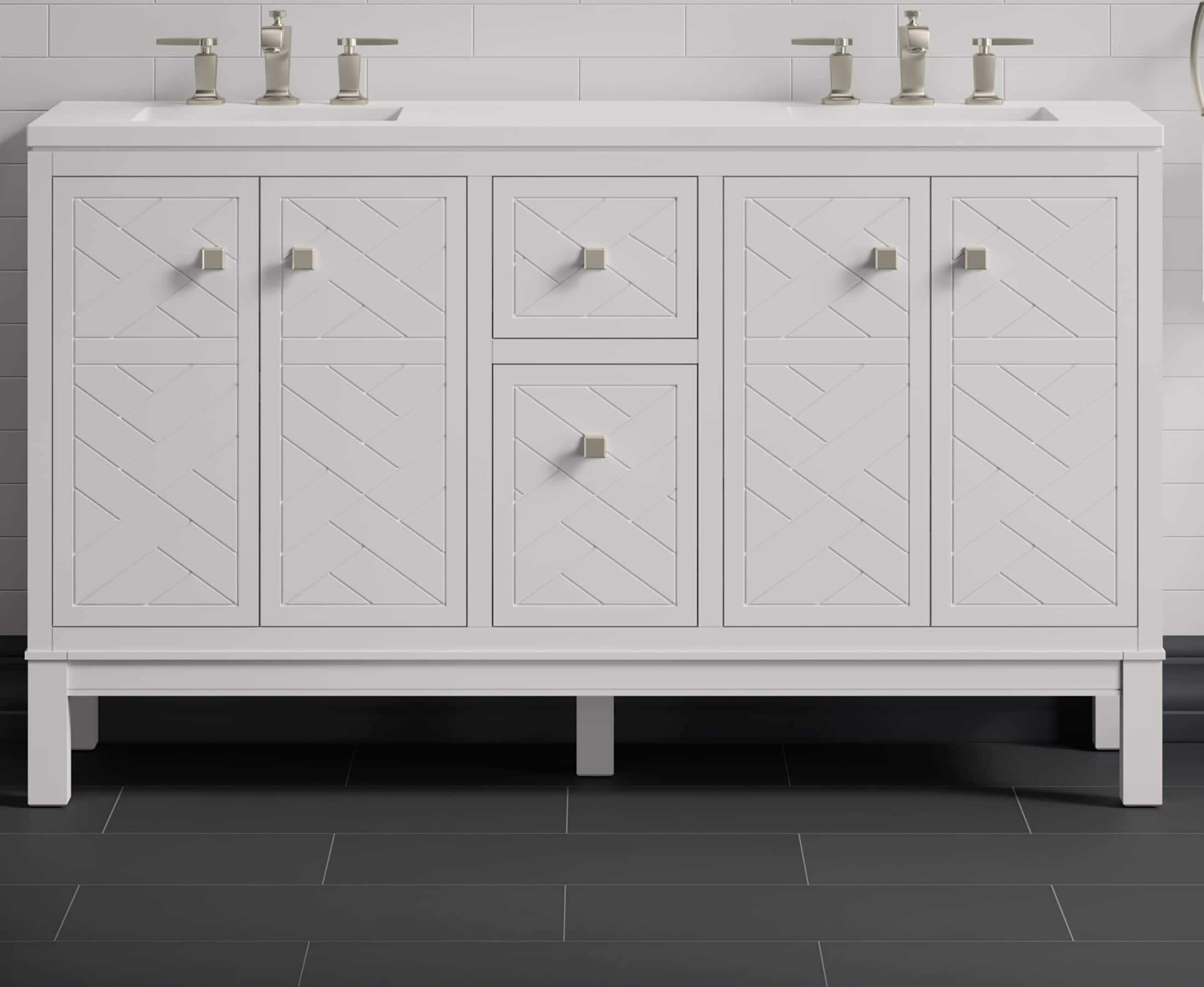 KOHLER 33532-ASB-0 Beauxline 60-in White Undermount Double sink Bathroom Vanity with White Quartz Top