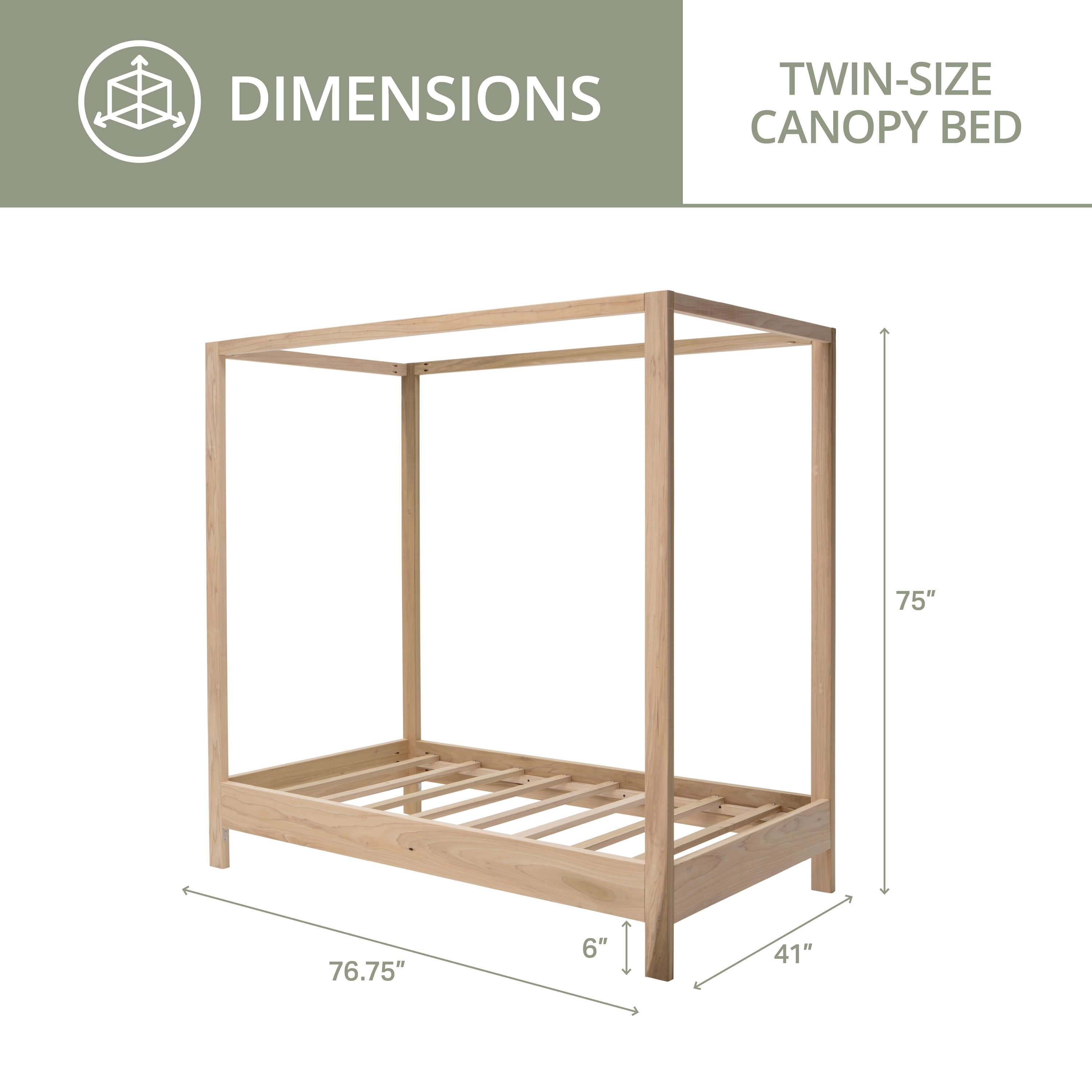 Natural Wood Twin Canopy Bed with Raised Platform