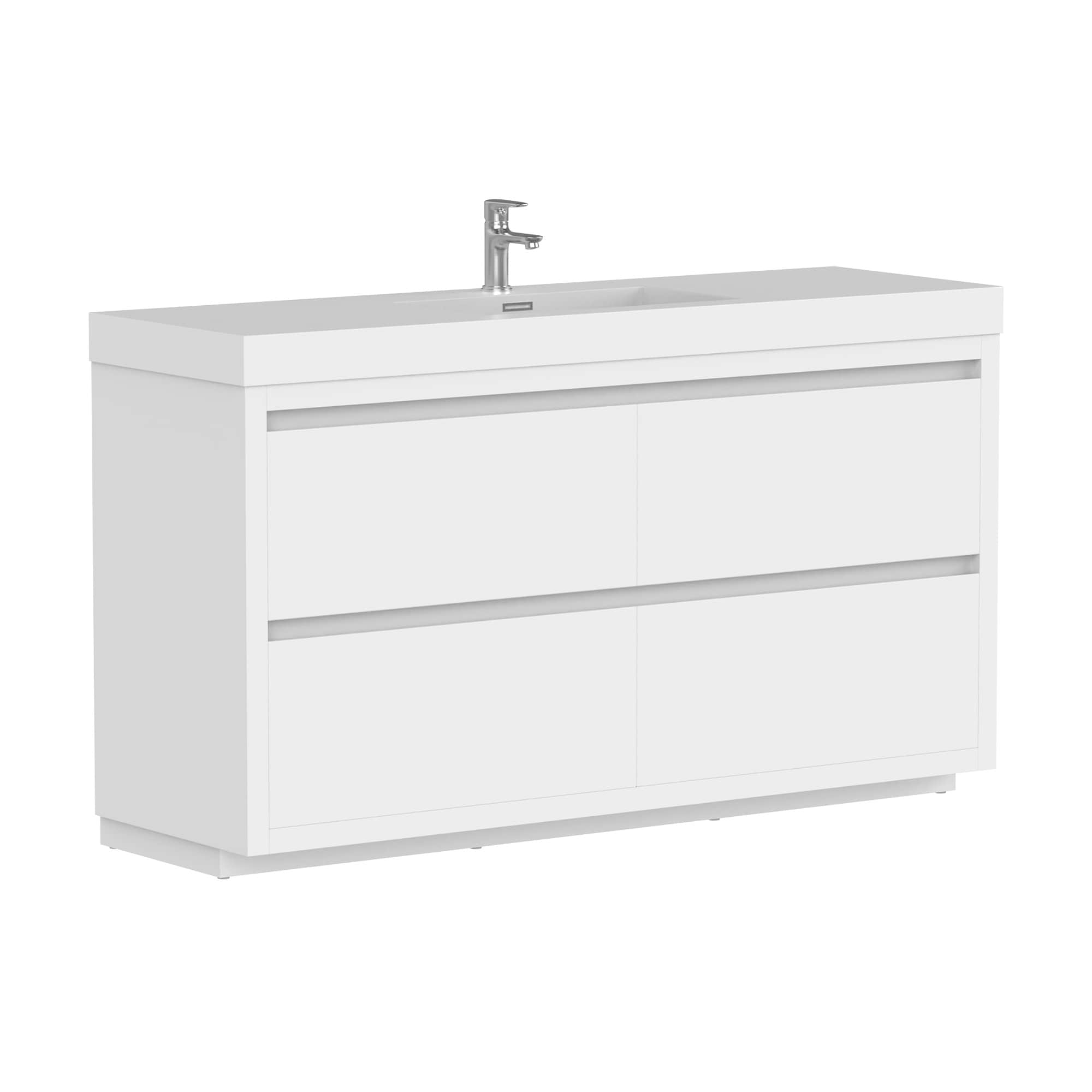 Glossy White 60-Inch Single Sink Bathroom Vanity with Resin Top