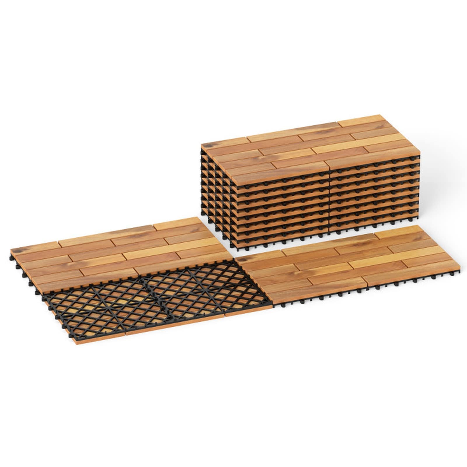 SUGIFT 24-in x 12-in Acacia Wood Interlocking Deck Tiles 12-pc Set Natural Patio Tiles with Anti-Warp Diamond PP Drainage Base 500-lb Load Rating Trimmable Slats and Tool Free Click Together Outdoor Flooring for Balcony Patio Poolside and Kitchen