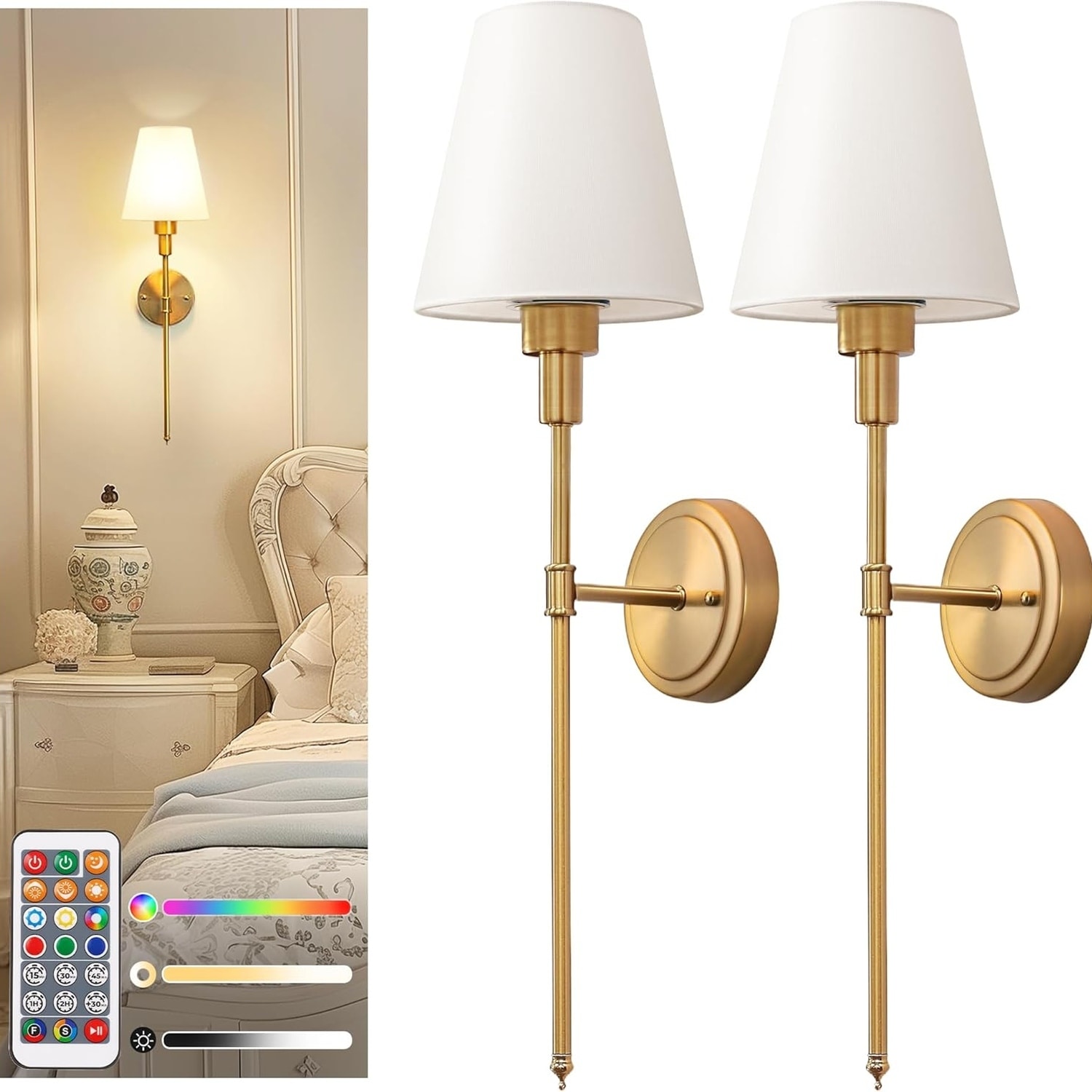 DORESshop LSC-YKBD04GDE26-2 Gold Wireless Dimmable Wall Sconce Set of 2 Battery Operated Rechargeable Lamp with Remote for Bedroom Living Room