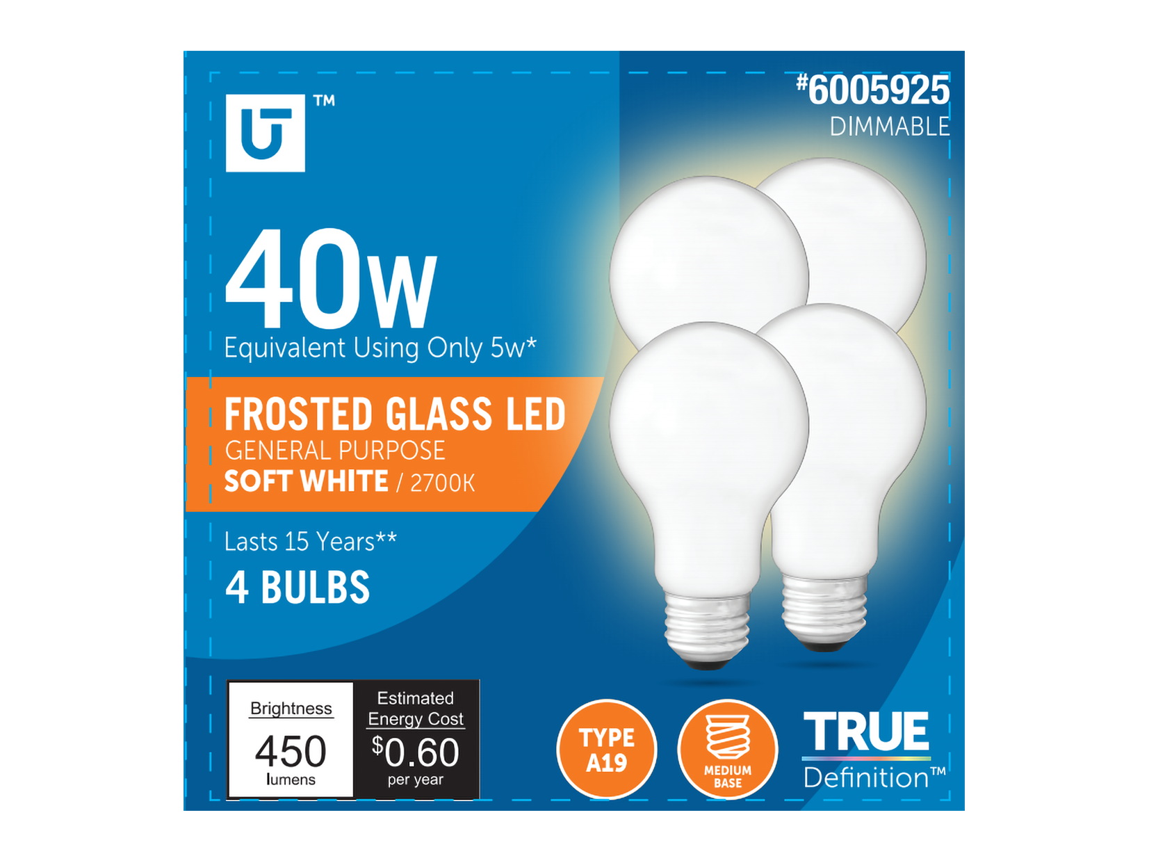 Utilitech 3A19DG5WOP27K4P 40 -Watt EQ A19 Soft white E26 Dimmable LED General purpose Light Bulb 4 -Pack
