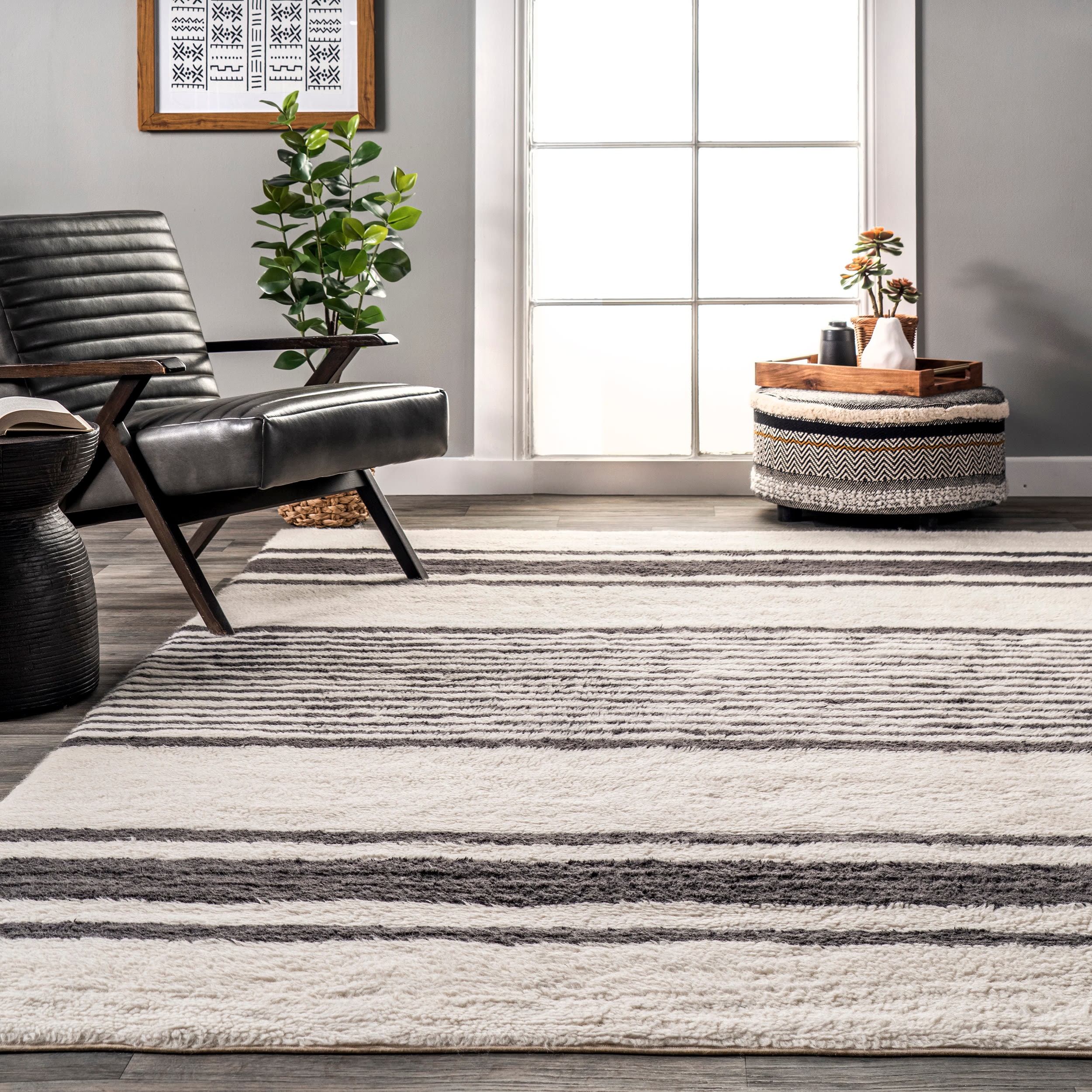 Ivory and Black Striped Wool Washable 4' x 6' Area Rug