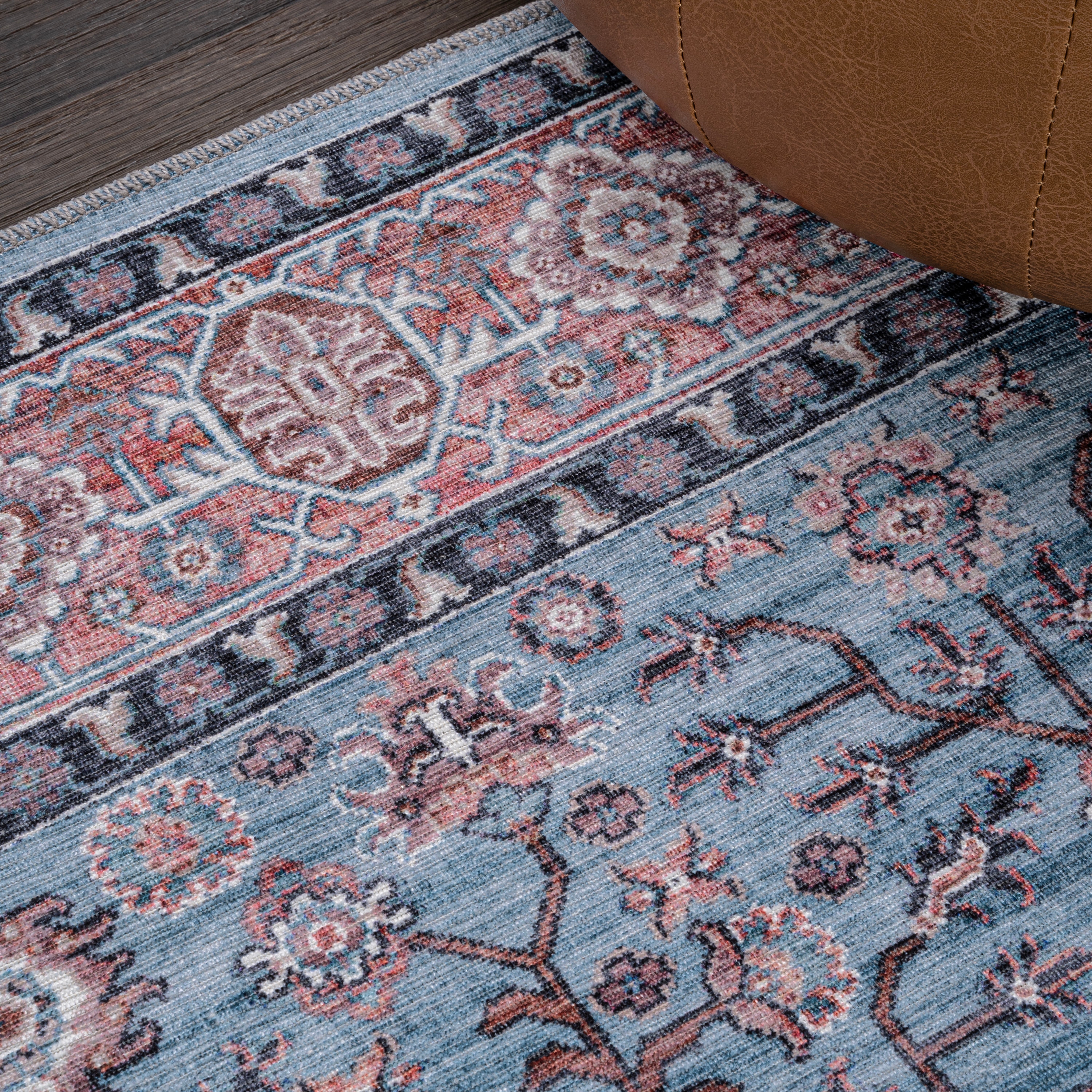 Persian-Inspired Blue and Red Chenille Washable Area Rug