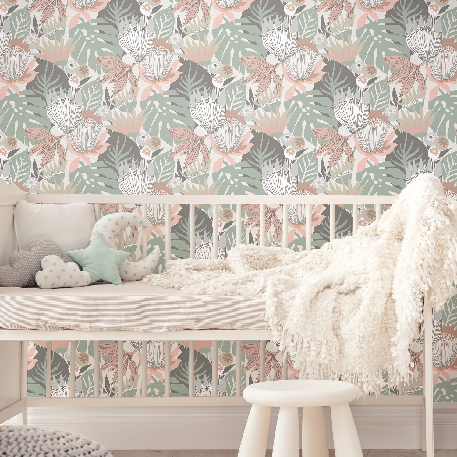 Pink and Green Tropical Leaves Peel and Stick Vinyl Wallpaper