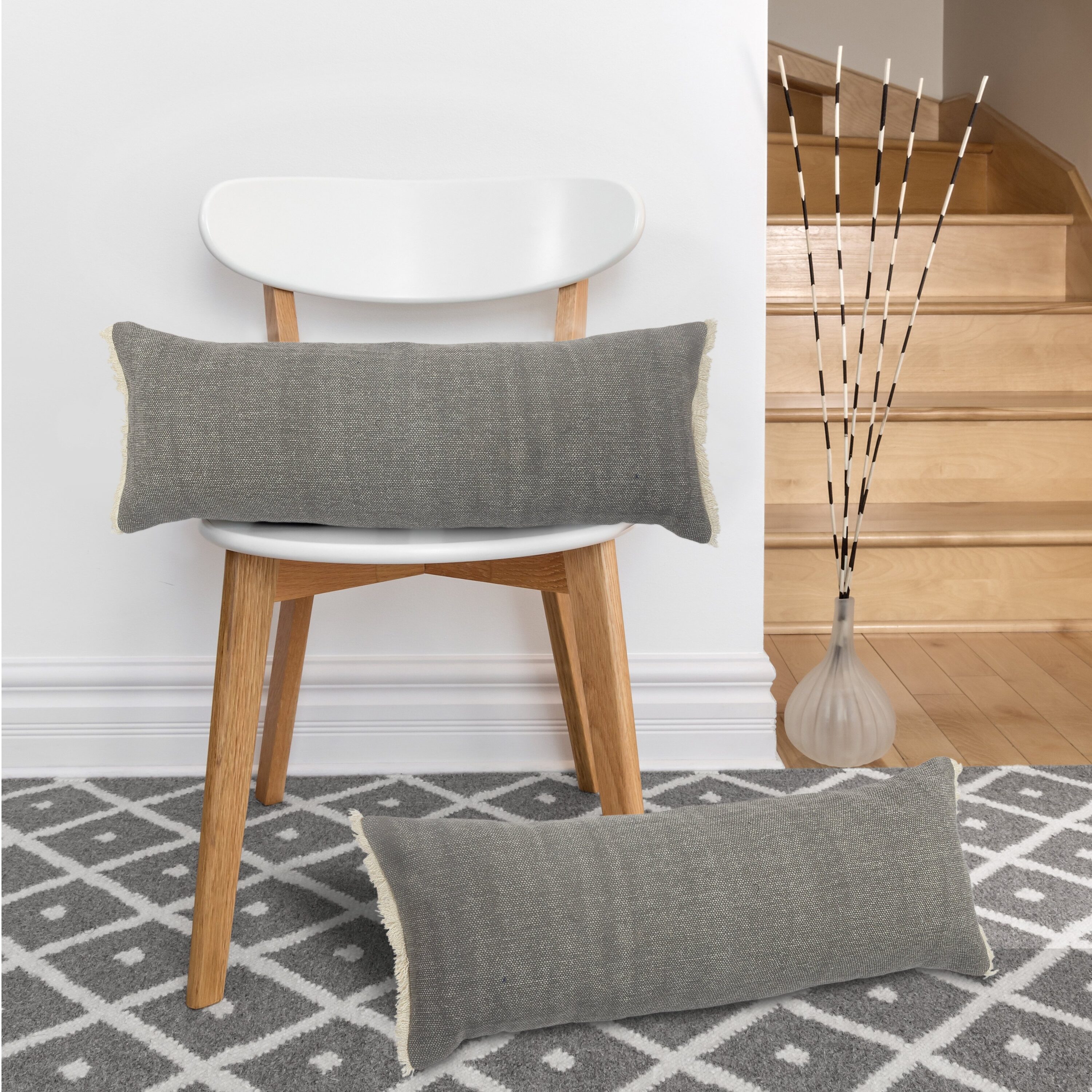 Charcoal Gray Cotton Fringed Rectangular Throw Pillow 14" x 36"