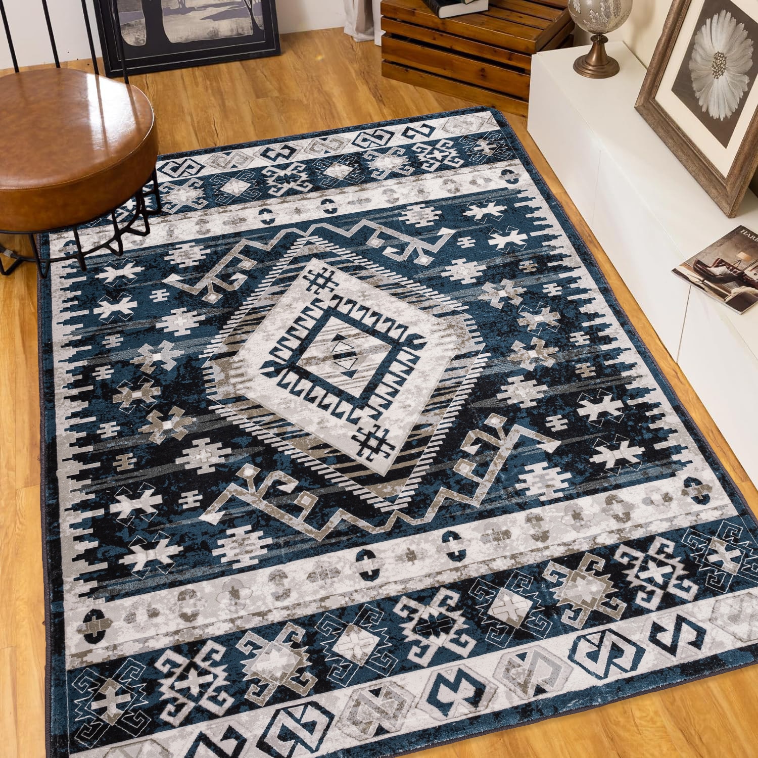 Tatayosi 6x9 Vintage Bohemian Area Rug Geometric Blue Black Machine Washable NonSlip Faux Cashmere Living Room Rug