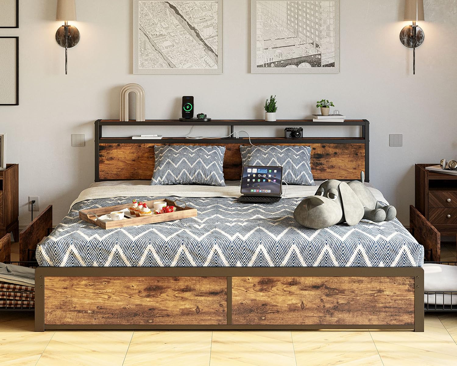 Likimio YNXGWRK10QPCFMZL 78.7-in W Vintage Brown King Bed Frame with Storage Drawer and 2-Tier Storage Headboard