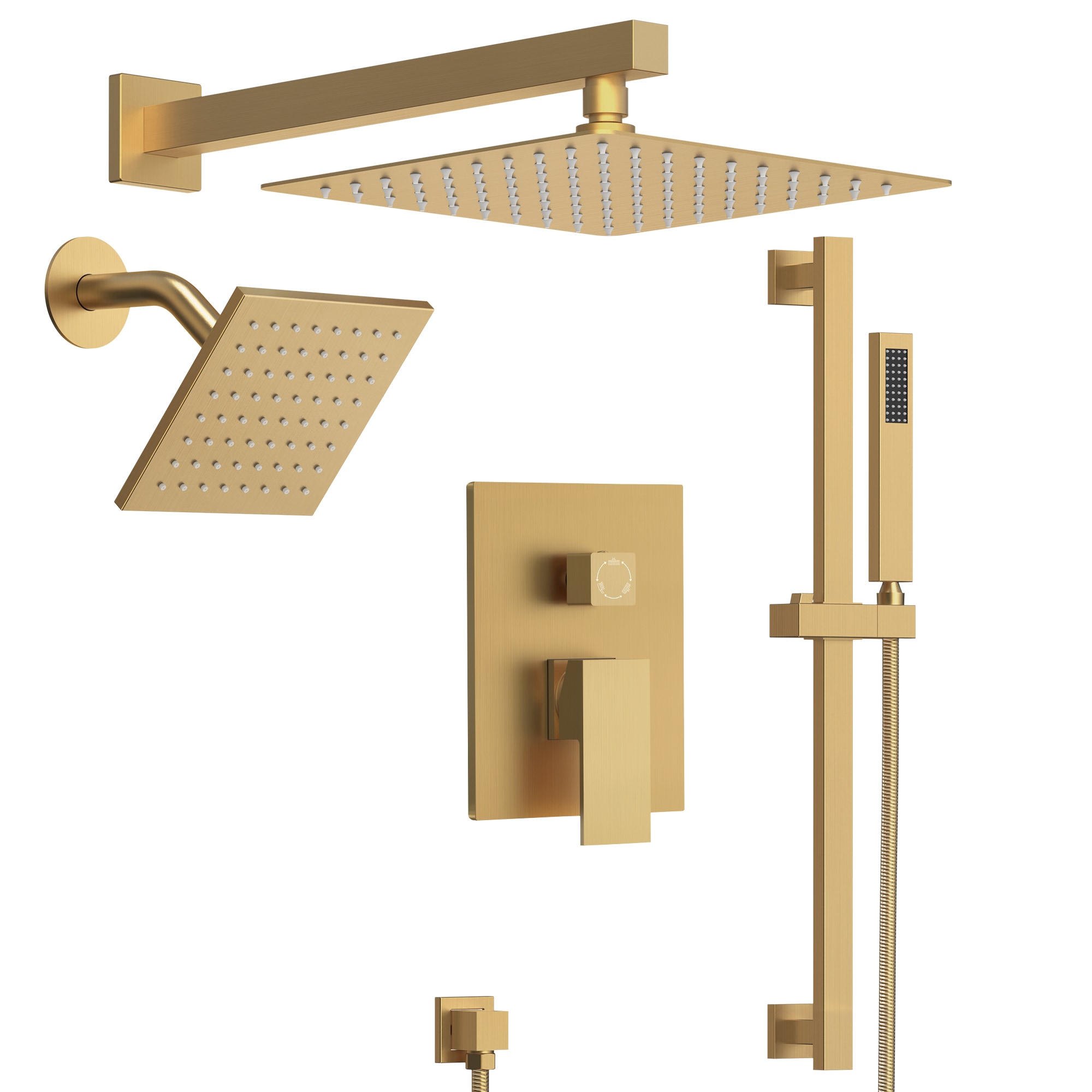 GRANDJOY  Shower Faucet System with Bar System Brushed Gold 10 Inch and 6 Inch Square Dual Head Built In 3 Way Diverter Pressure Balanced Valve Included