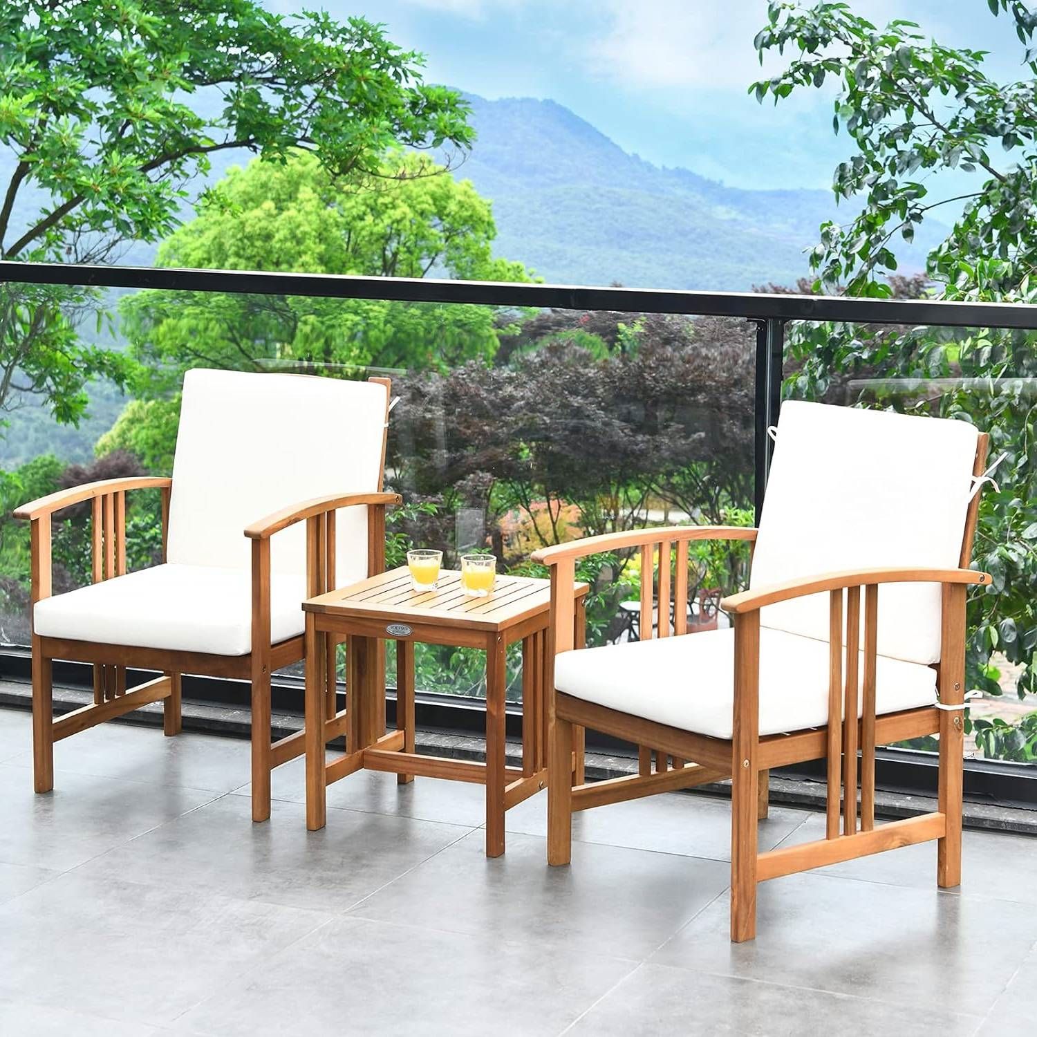 Slickblue 3 Piece Acacia Wood Patio Dining Set Square Coffee Table with ...
