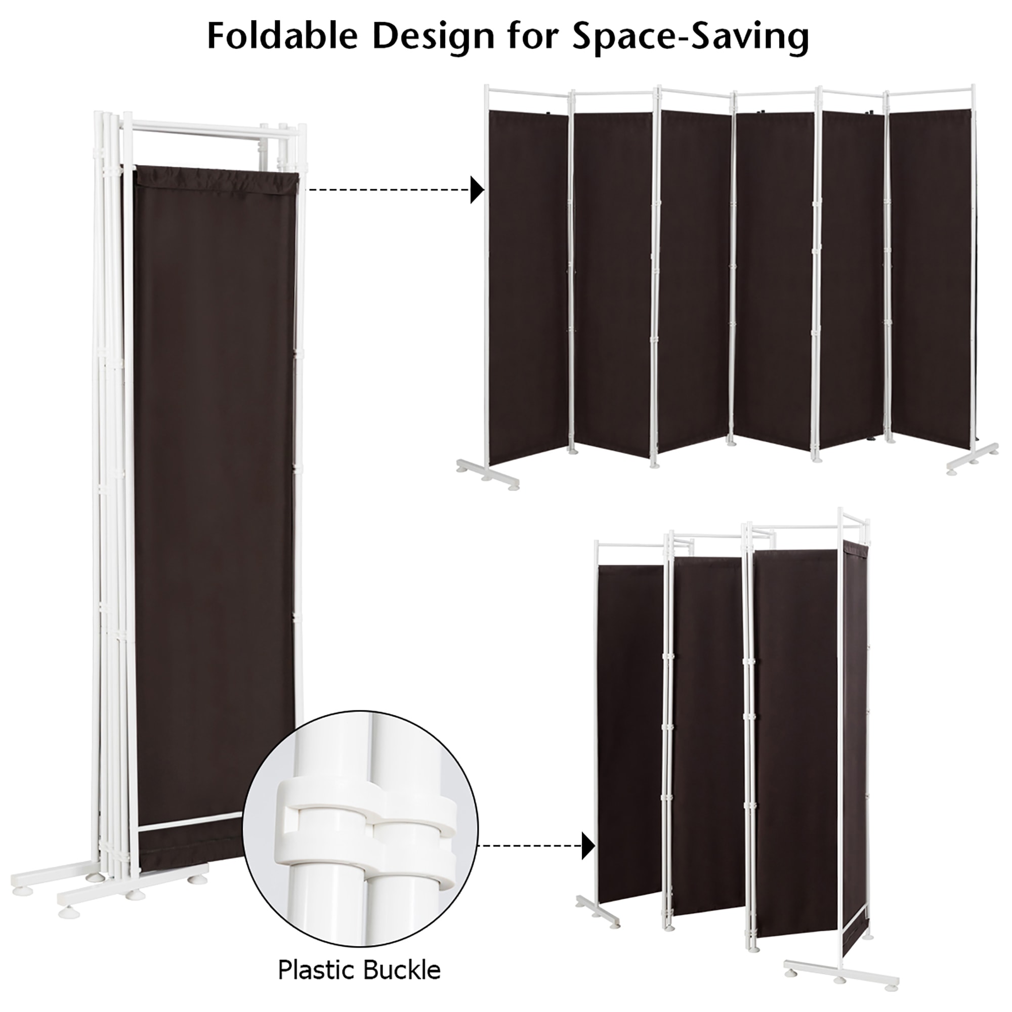 Brown Polyester 6-Panel Folding Room Divider with Steel Frame