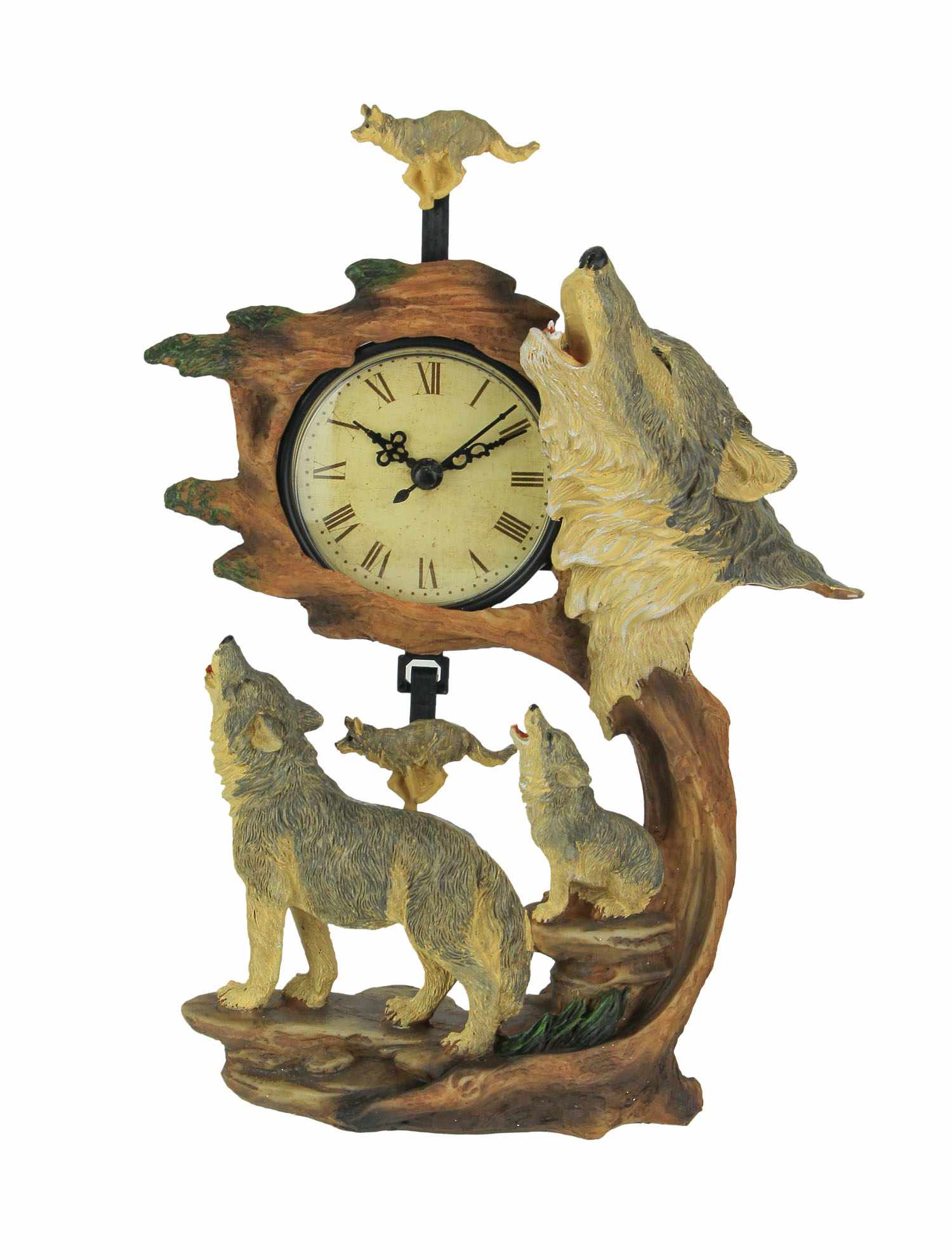 Things2Die4 65-PDJ-892 Howling Wolf Family Hand Painted Pendulum Table - Mantel Clock