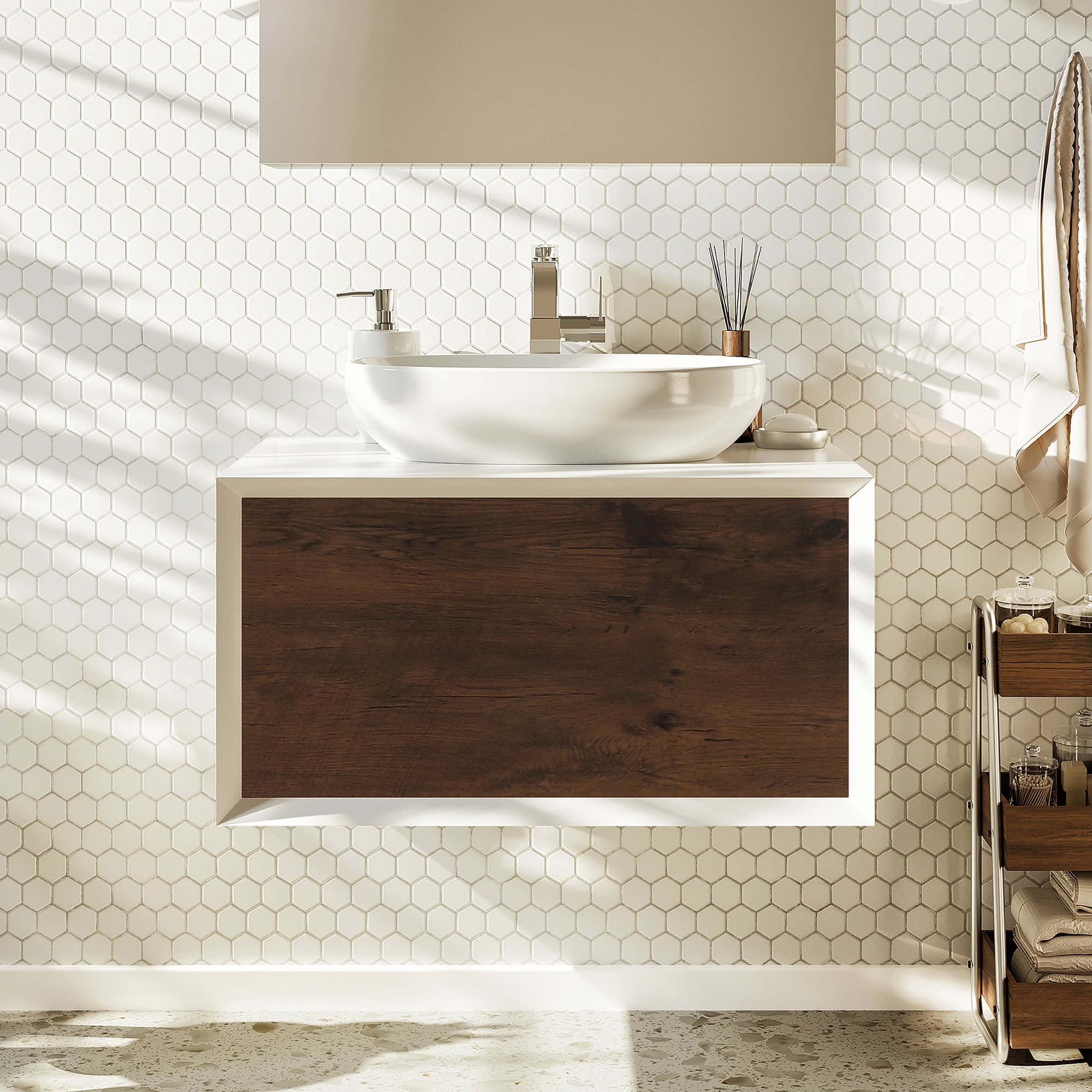 Eviva EVVN555-30RSWDN Santa Monica 30-in Rosewood Single sink Floating Bathroom Vanity with White Acrylic Top