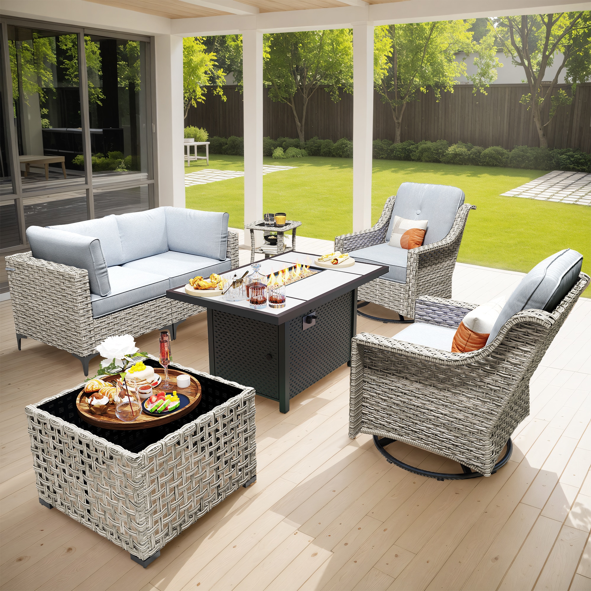 Pouuin DFPSKT406 5-Piece Wicker Patio Conversation Set with Gray Cushions