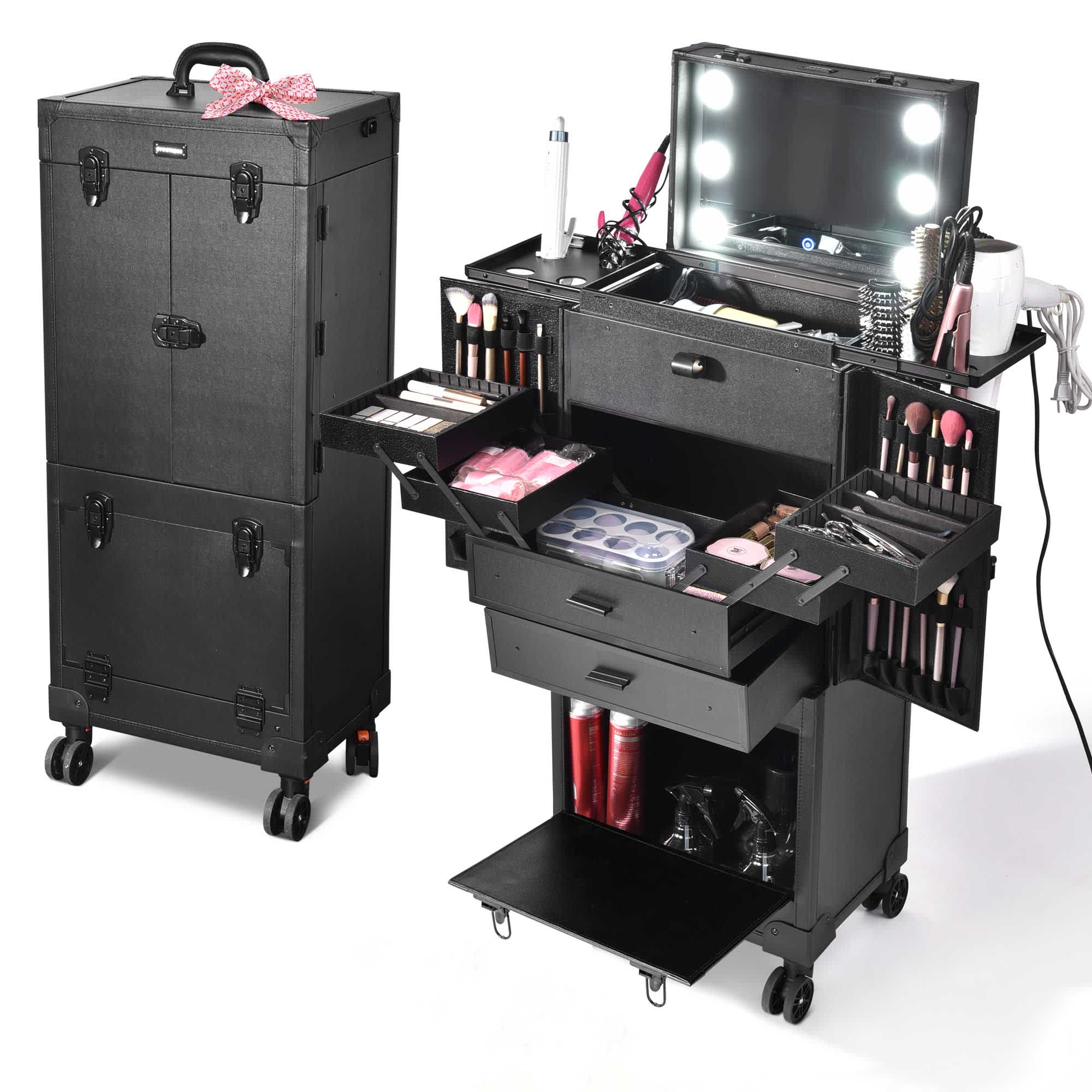Yescom 12MKC023-LEDLIT-6-LO Byootique Black Rolling Makeup Case on Wheels Pro Cosmetic Artist Hair Stylist Barber Trolley Multifunction Lighted Lockable