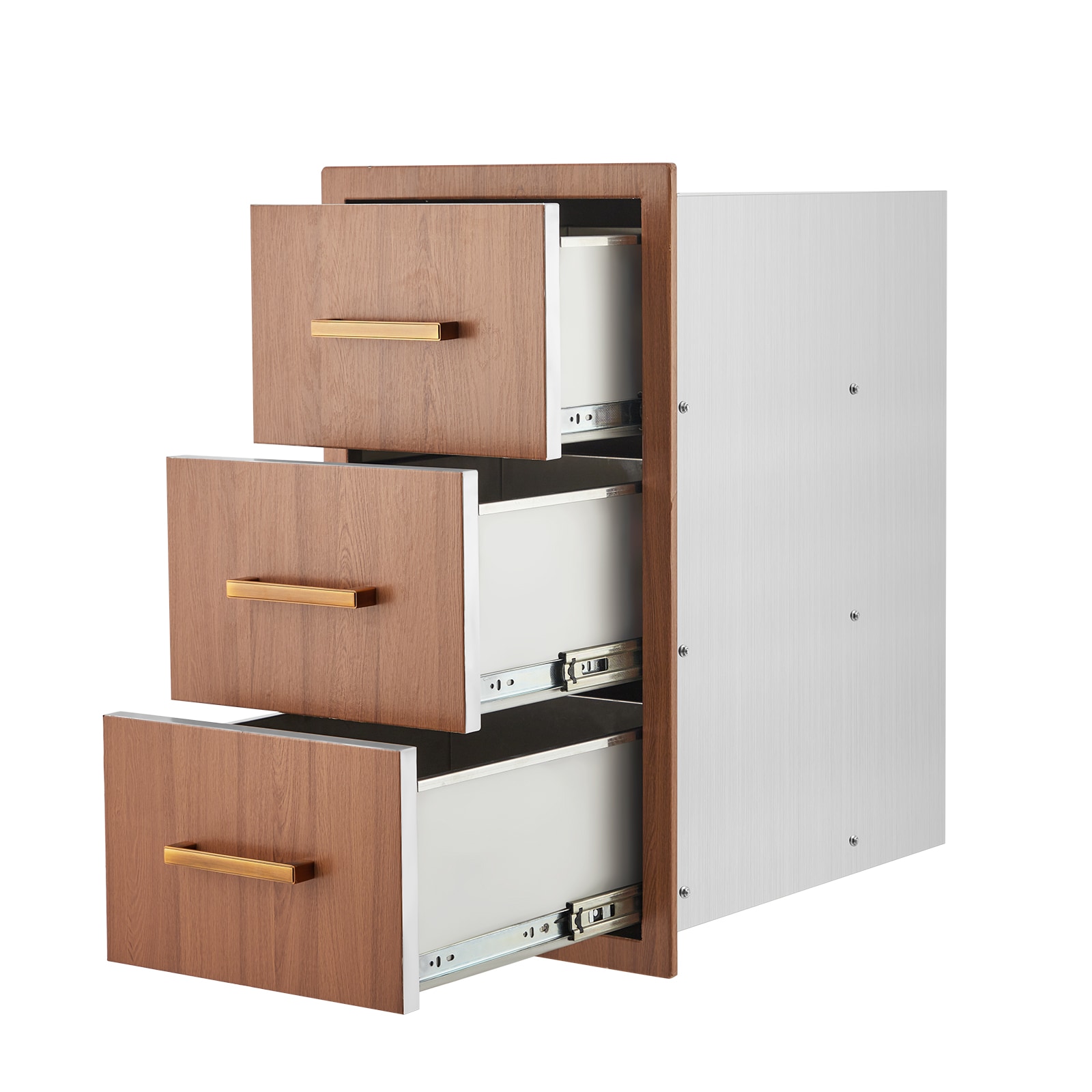GarveeLife Flush Mount Triple Drawer Storage Cabinet / Brown Grain Stainless Steel Outdoor Kitchen Drawers / All-Weather Anti-Rust Storage Unit / Mute Ball Bearing Slide Tracks / Anti-Collision Rounded Edge Structure-16W-28.5H-20.5D