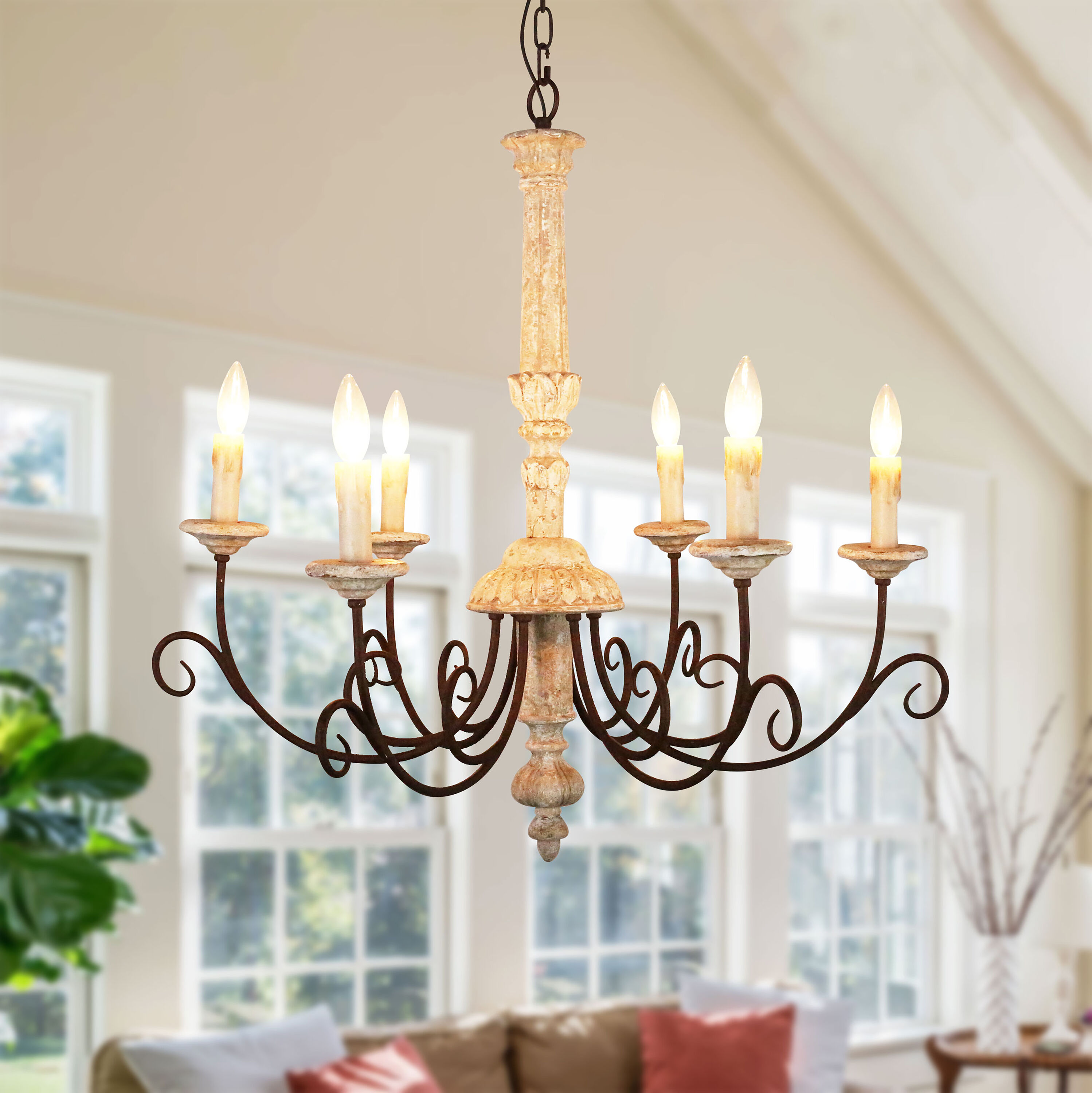 Cusp Barn FC4007 FC4007 6 -Light Brushed Brown Rustic Bare bulb Wood For Use in Bedrooms, Dining Rooms, Foyers, Kitchens, Living Rooms Chandelier