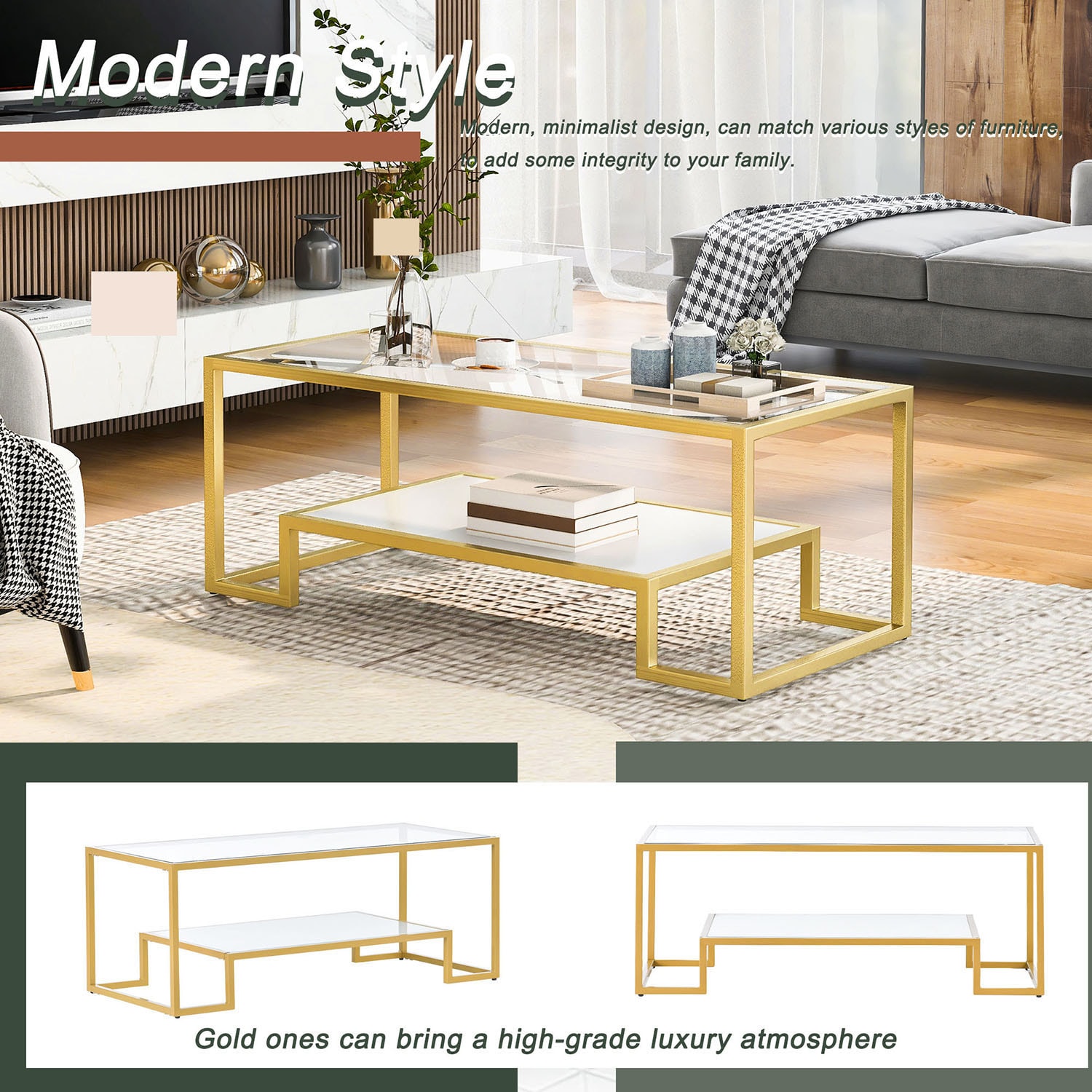 SINOFURN Modern Gold Metal Frame Glass Coffee Table with 2 Layers of ...