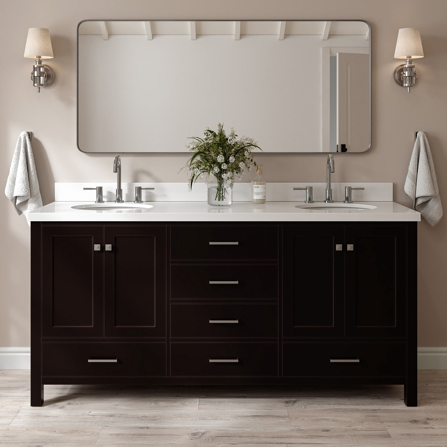 ARIEL A073DWQOVOESP Cambridge 73-in Espresso Undermount Double Sink Bathroom Vanity with Pure White Quartz Quartz Top