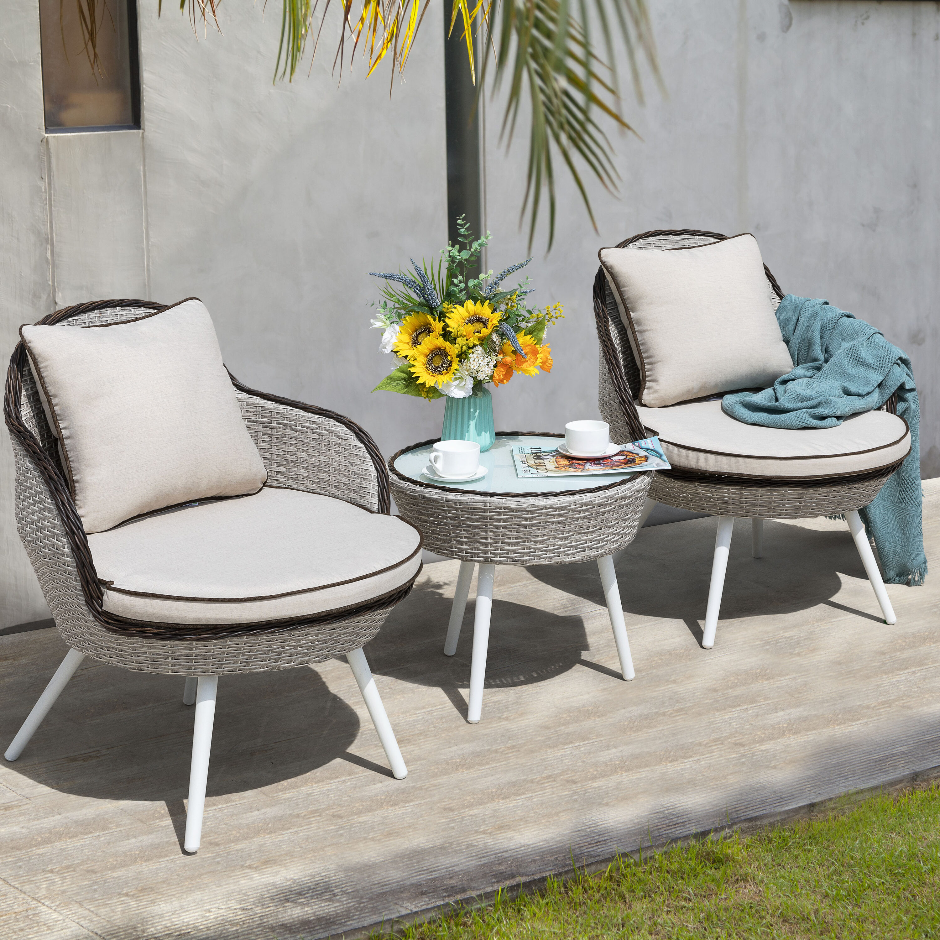 Nuu Garden 3 Bistro Patio Dining Set Rattan Round Table with 2 Cushions ...