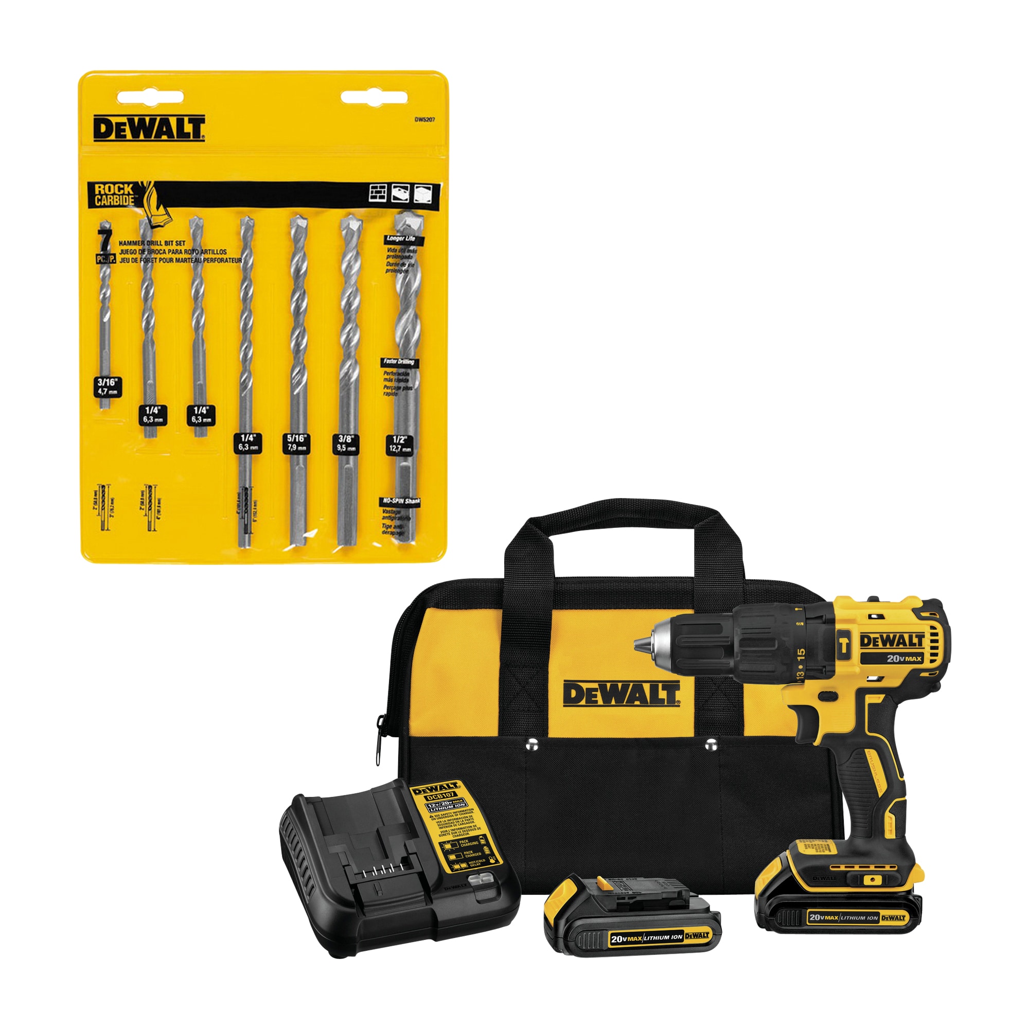 DEWALT 1/2-in 20-volt Max Variable Speed Brushless Cordless Hammer Drill (2-Batteries Included) & 7-Piece Set x Set Carbide Masonry Drill Bit Set for