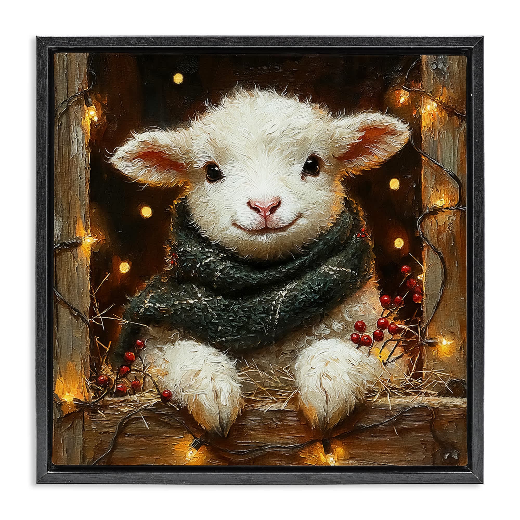 Stupell Industries BT-930-FFB-24X24 Festive Lamb with Holiday Lights Black Framed Floater Canvas Wall Art By Riley B 25 x 25