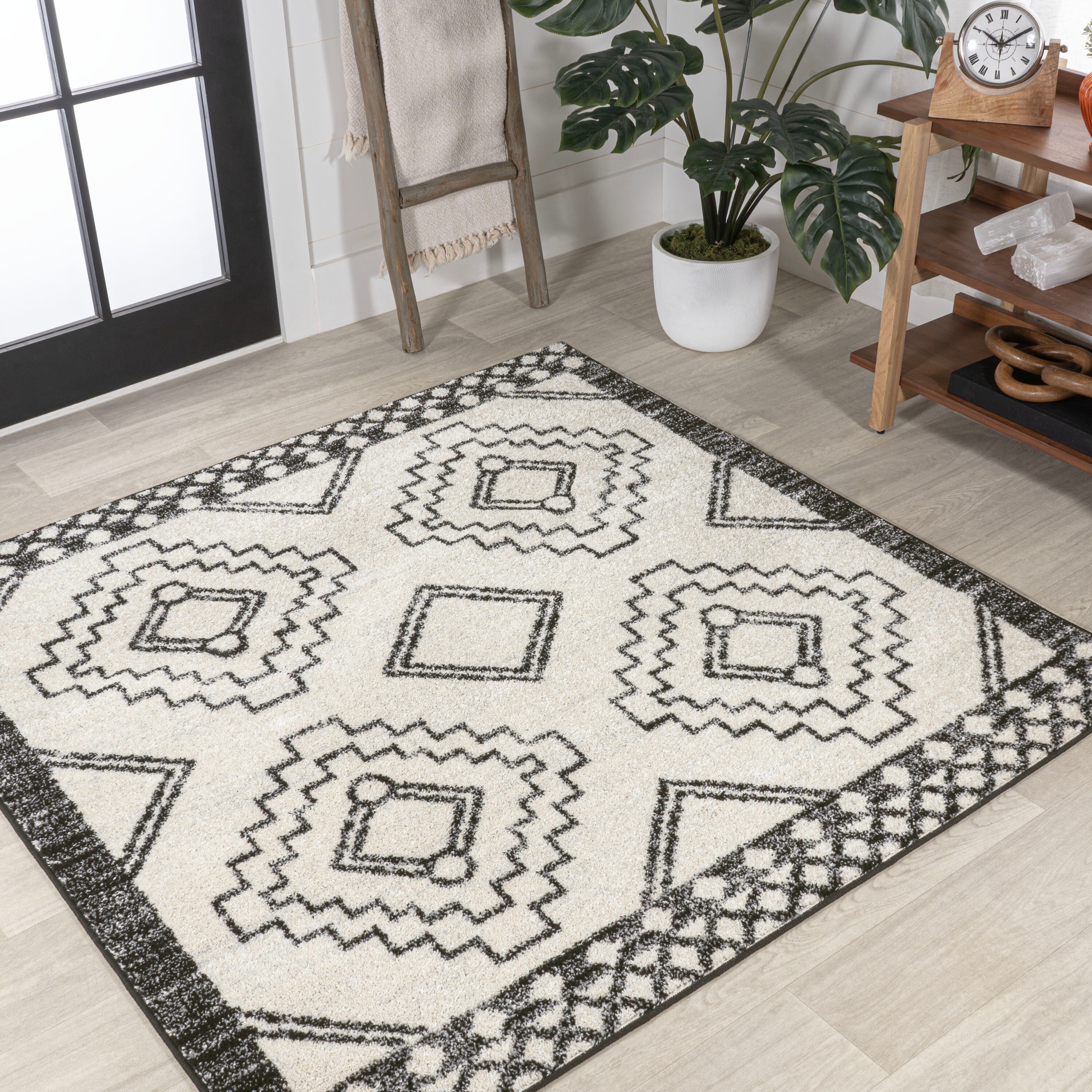 Grey Black Bohemian Tribal Area Carpet, Retro Grid Small Entrance