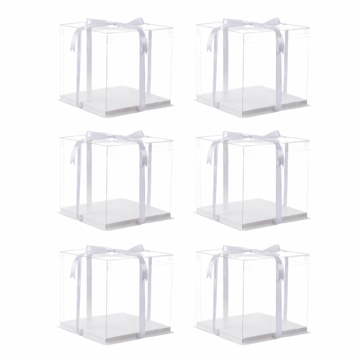 Phewnyzo  6pcs Clear Cake Boxes with Ribbon 7x7x8 Inch White Base for 6 Inch Cakes Pastries Cupcakes Bakery Treats Gift Packaging Food Grade
