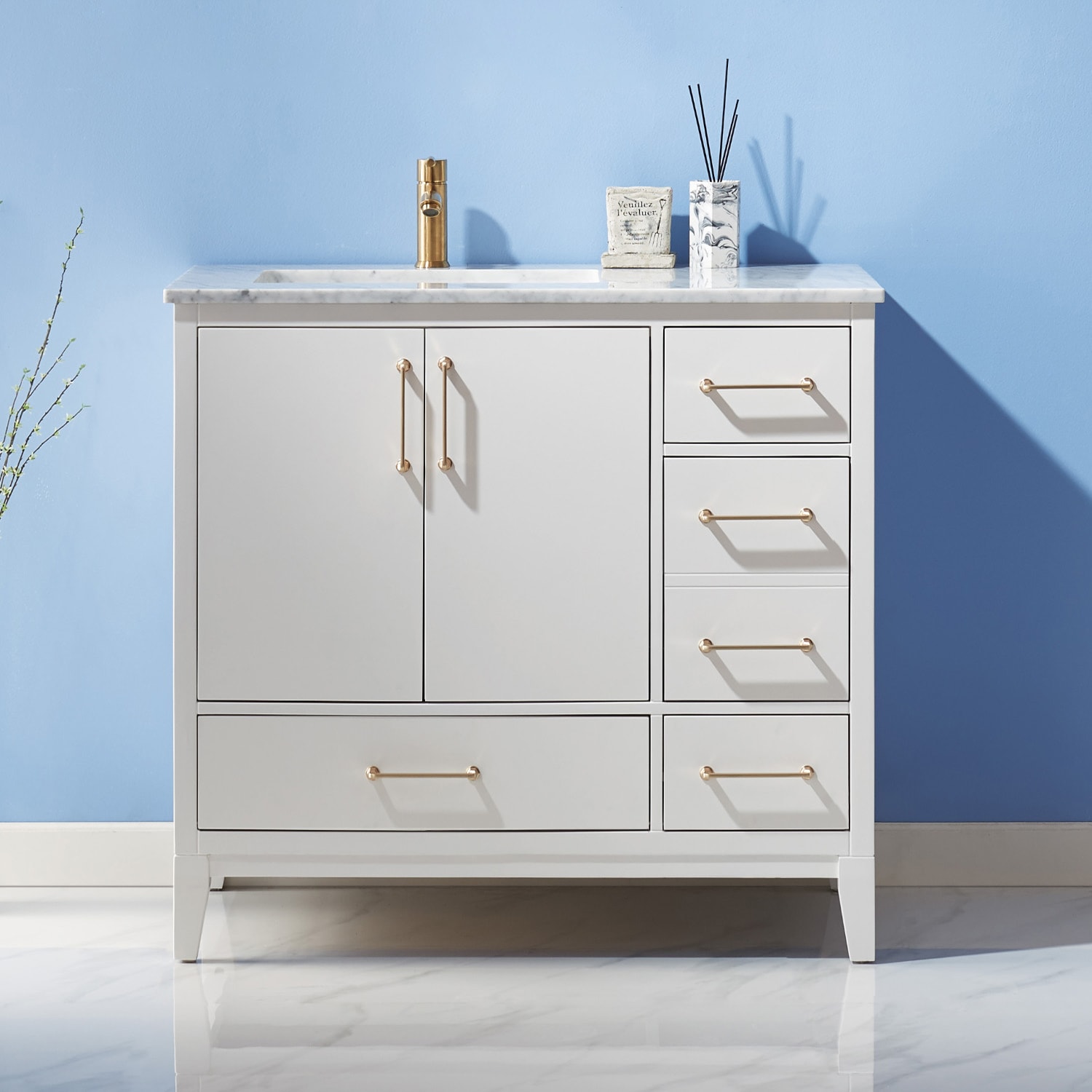 Altair 541036-WH-CA-NM Sutton 36-in White Undermount Single sink Bathroom Vanity with Carrara White Marble Top