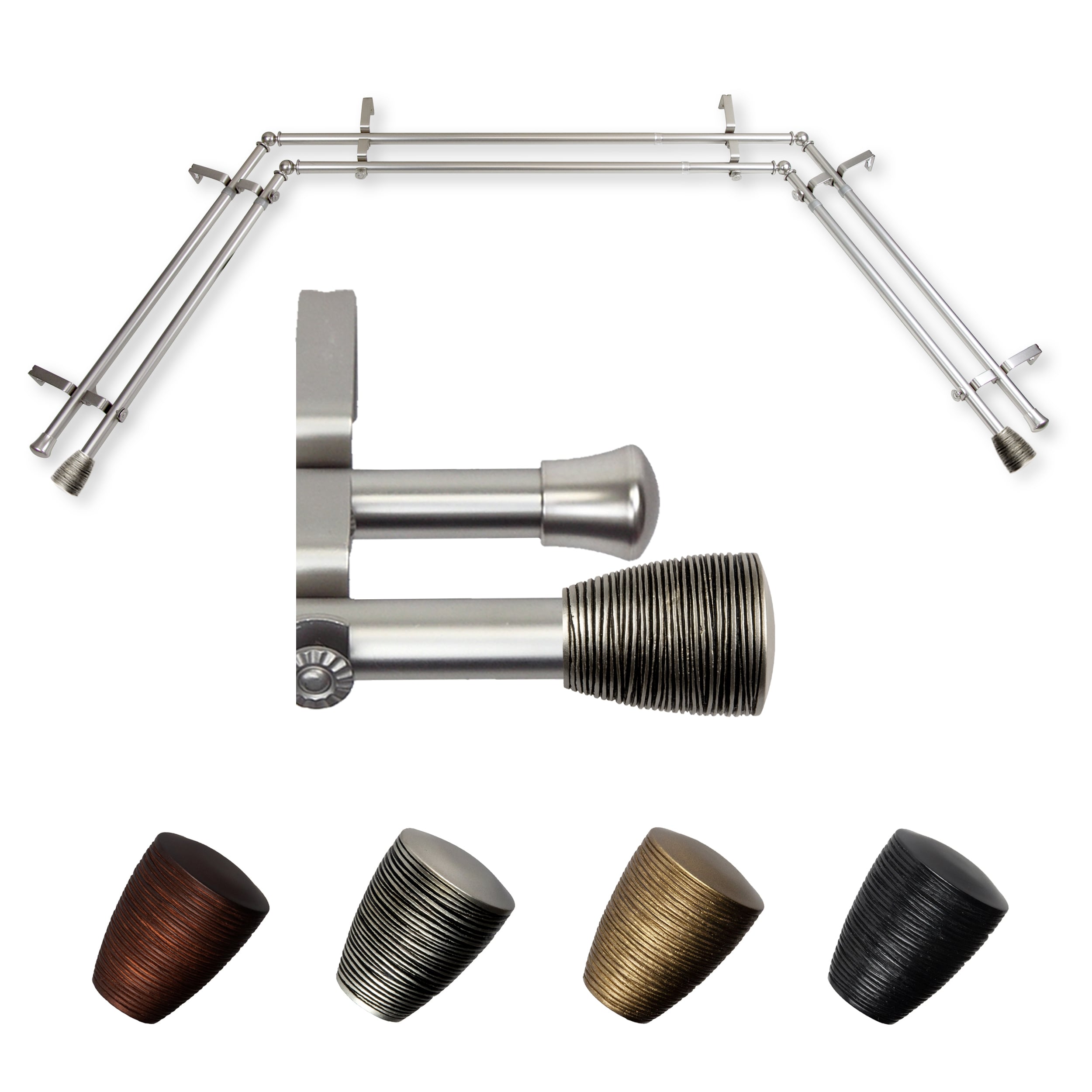 Hart & Harlow L-ABAY-78-5D Tobiya 13/16-in Double 38-in to 72-in Satin nickel Steel Bay window curtain rod with Finials
