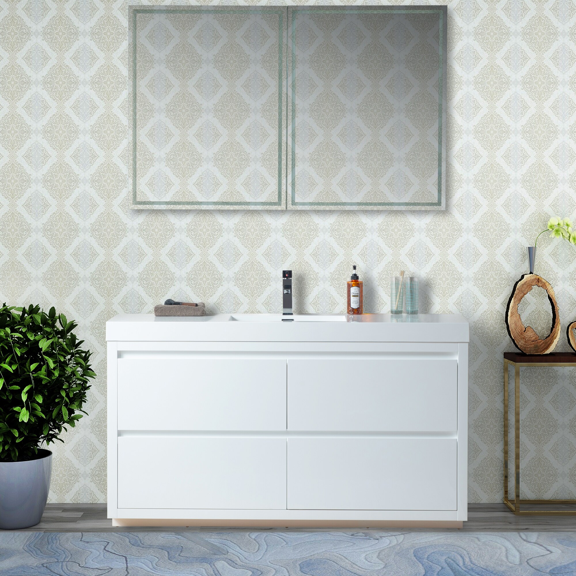 Glossy White 60-Inch Single Sink Bathroom Vanity with Resin Top