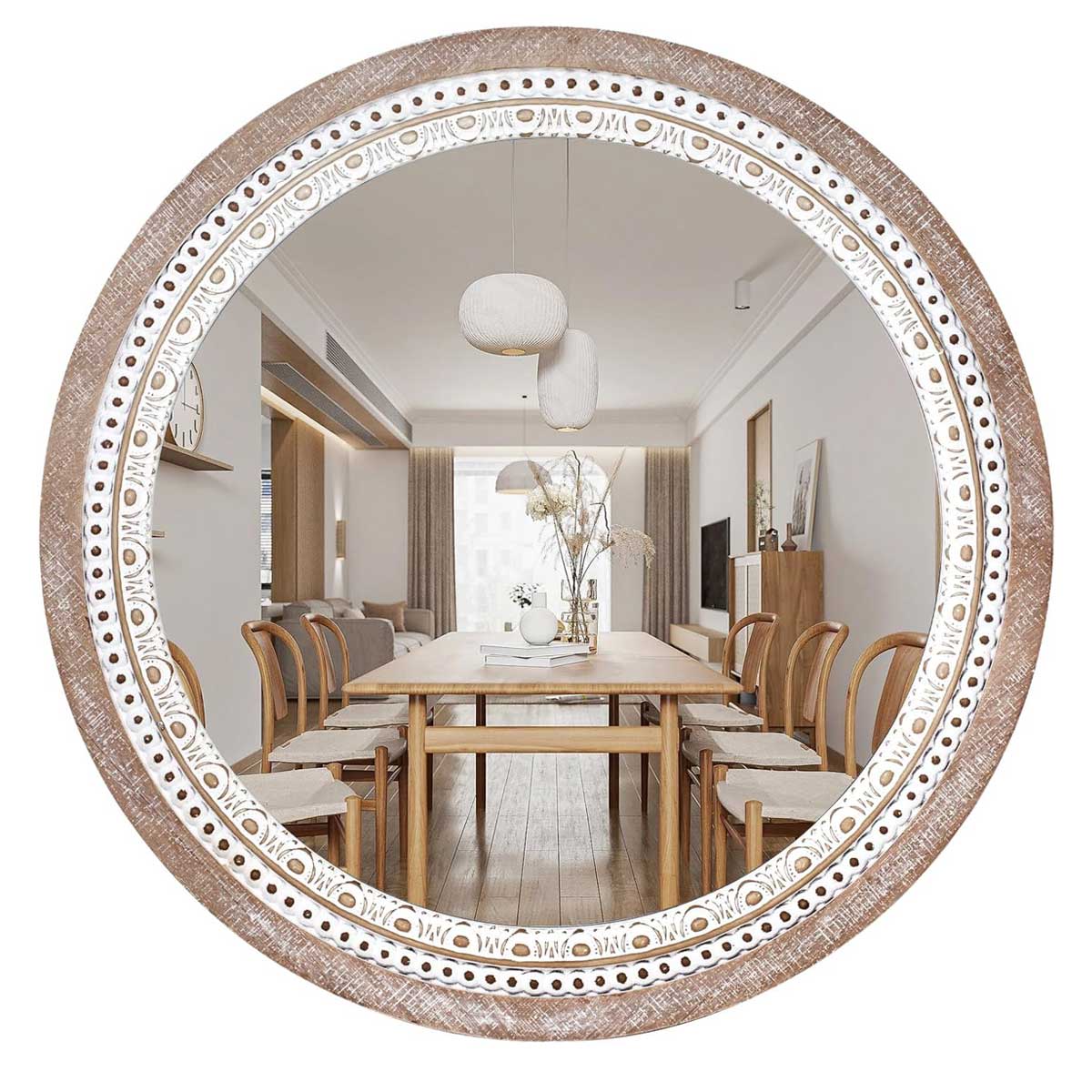 Aoibox LABDM2908 24 Inch Wooden Round Mirror for Wall Decor Farmhouse Rustic Decorative Circle Mirrors with Beaded Frame for Bedroom Bathroom Living Room Entryway