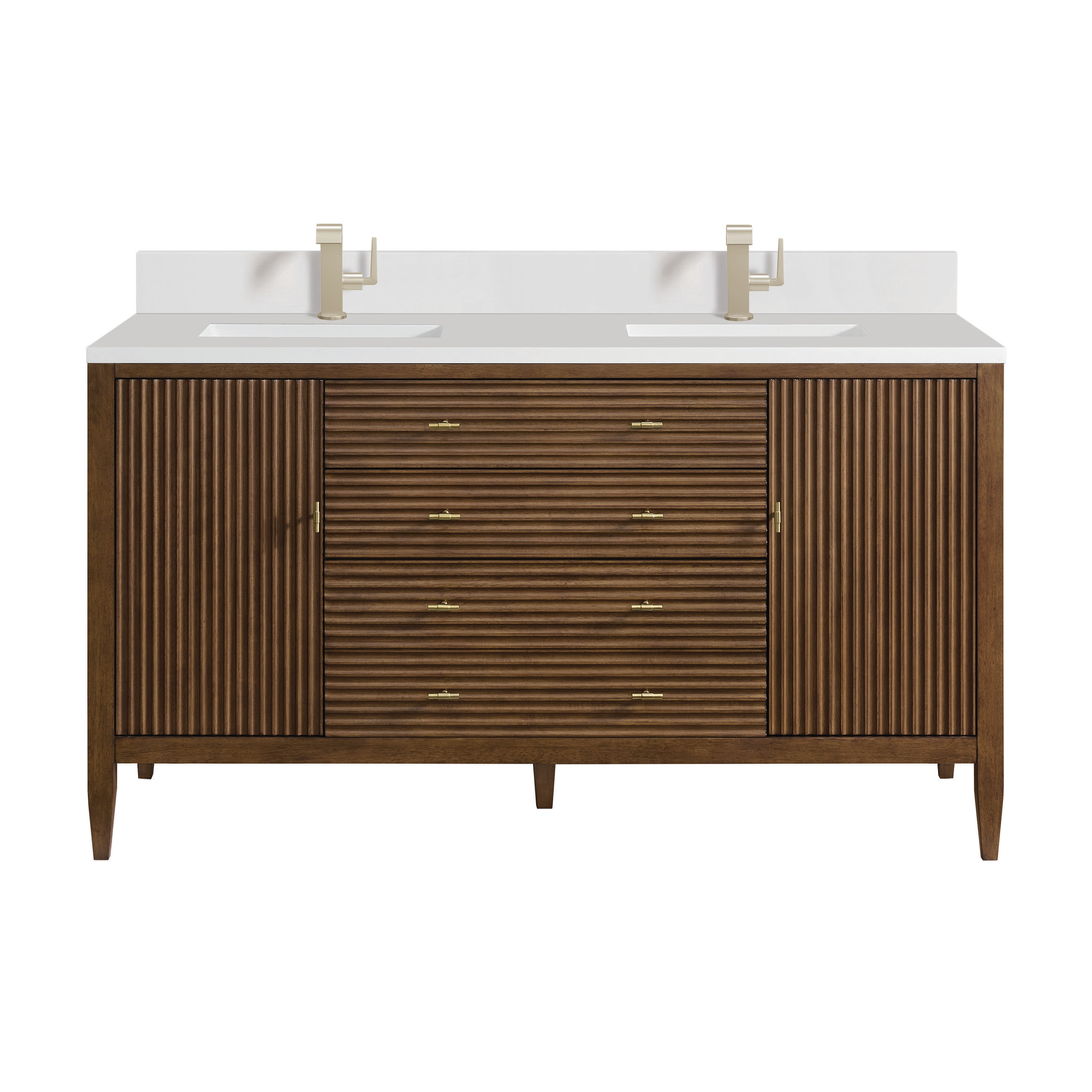 James Martin Vanities 485-V60D-WLT-1WZ Myrrin 60-in Mid-century Walnut Undermount Double Sink Bathroom Vanity with White Zeus Quartz Top