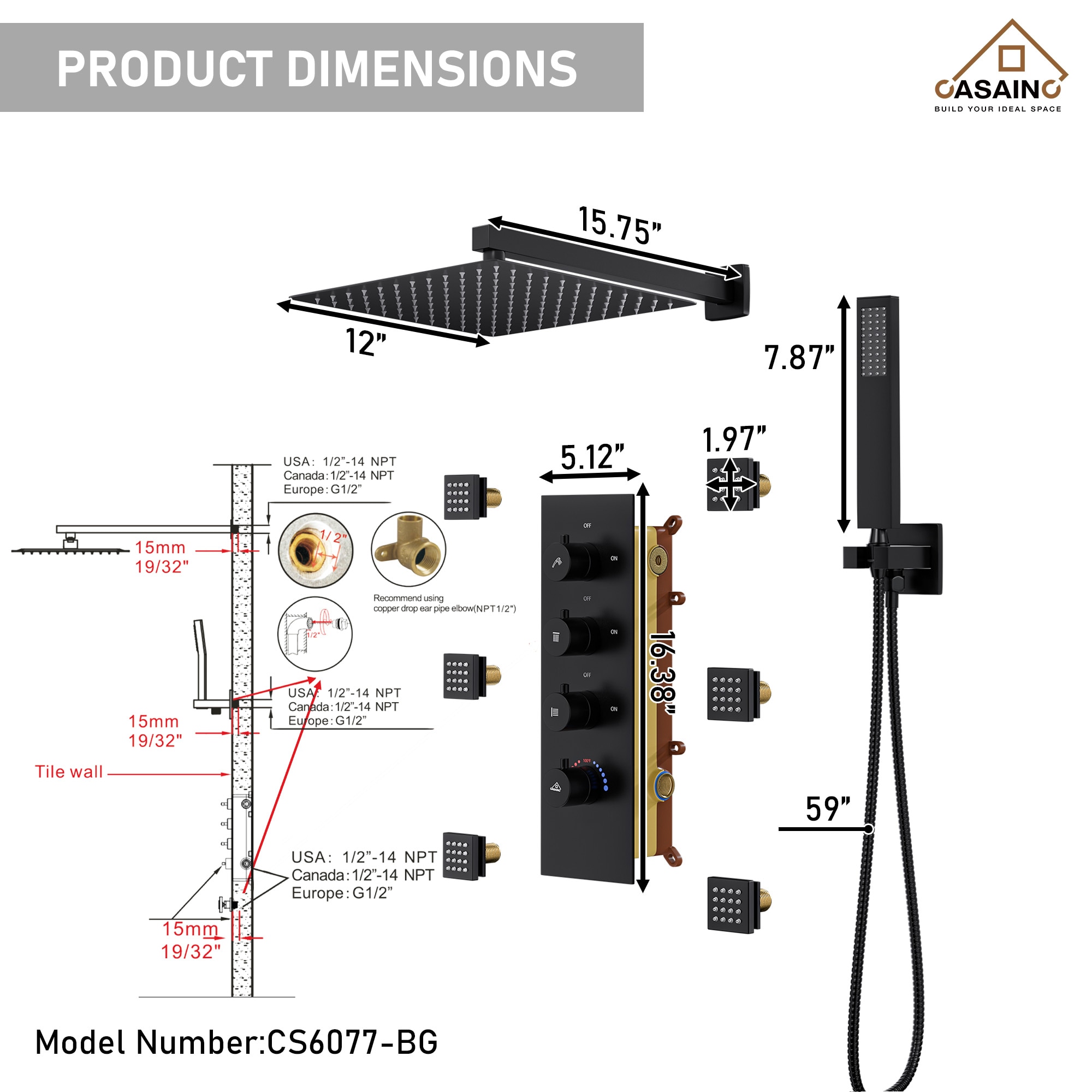 CASAINC CS6077-MB Showerhead-Bar-Panels - View #7