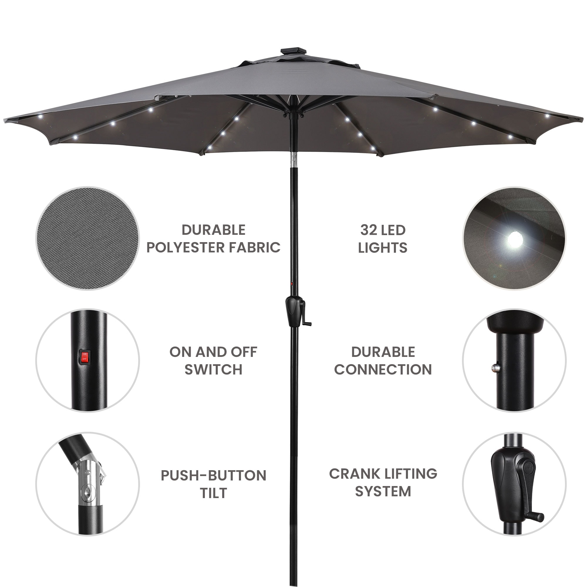 Gray 9' Round Steel Patio Umbrella with Solar LED Lights