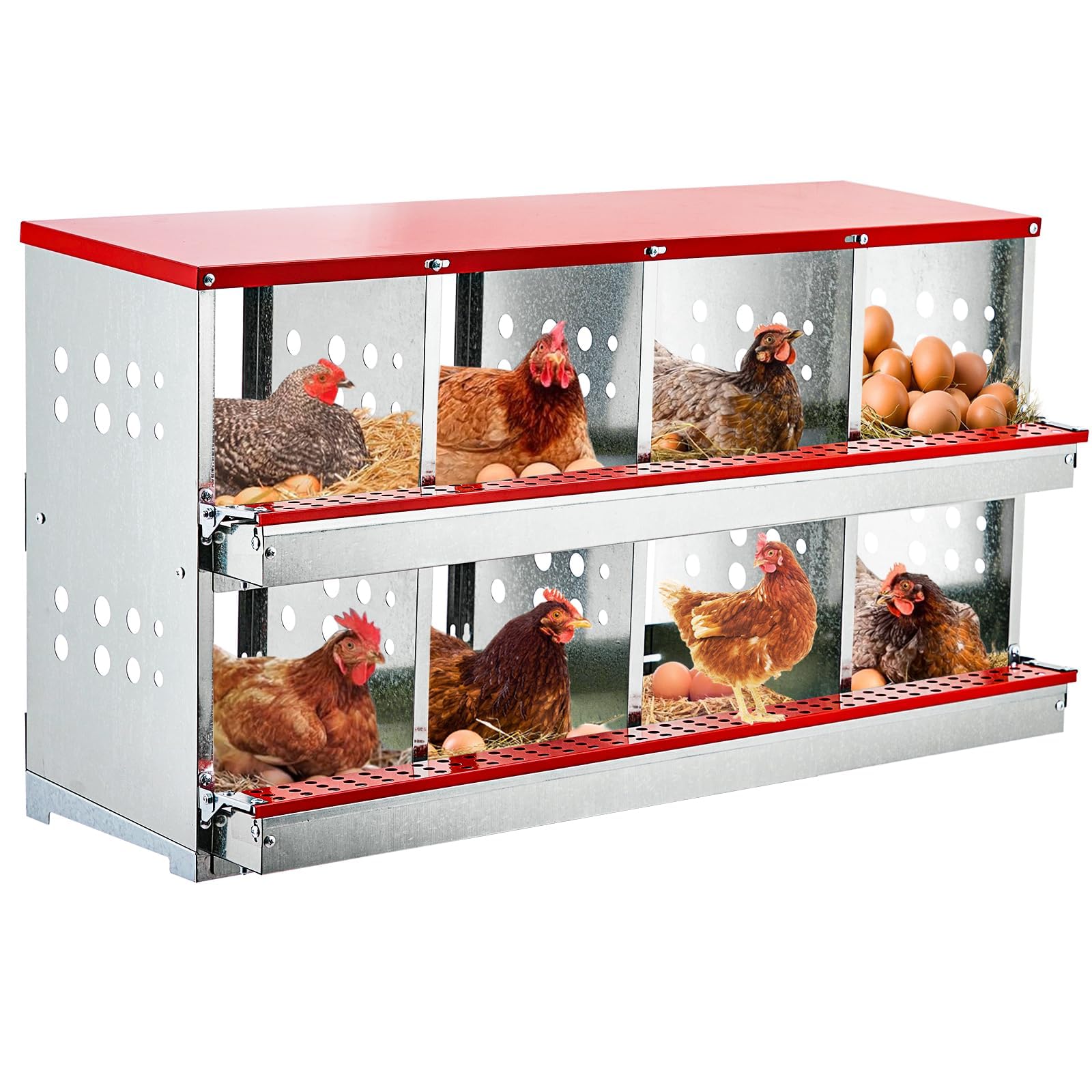 GarveeLife 8 compartment heavy duty metal chicken nesting box roll out design with perch for laying hens ducks poultry