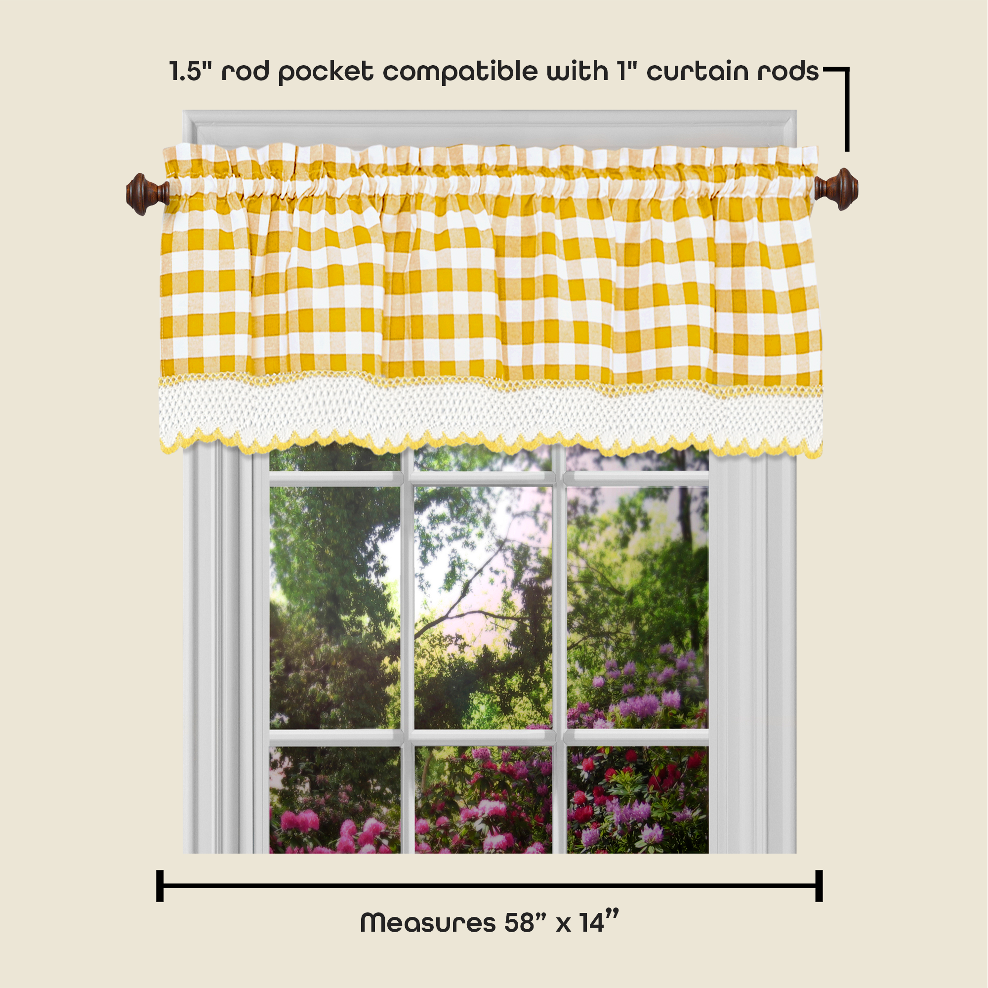 Yellow and White Buffalo Check Scalloped Rod Pocket Valance