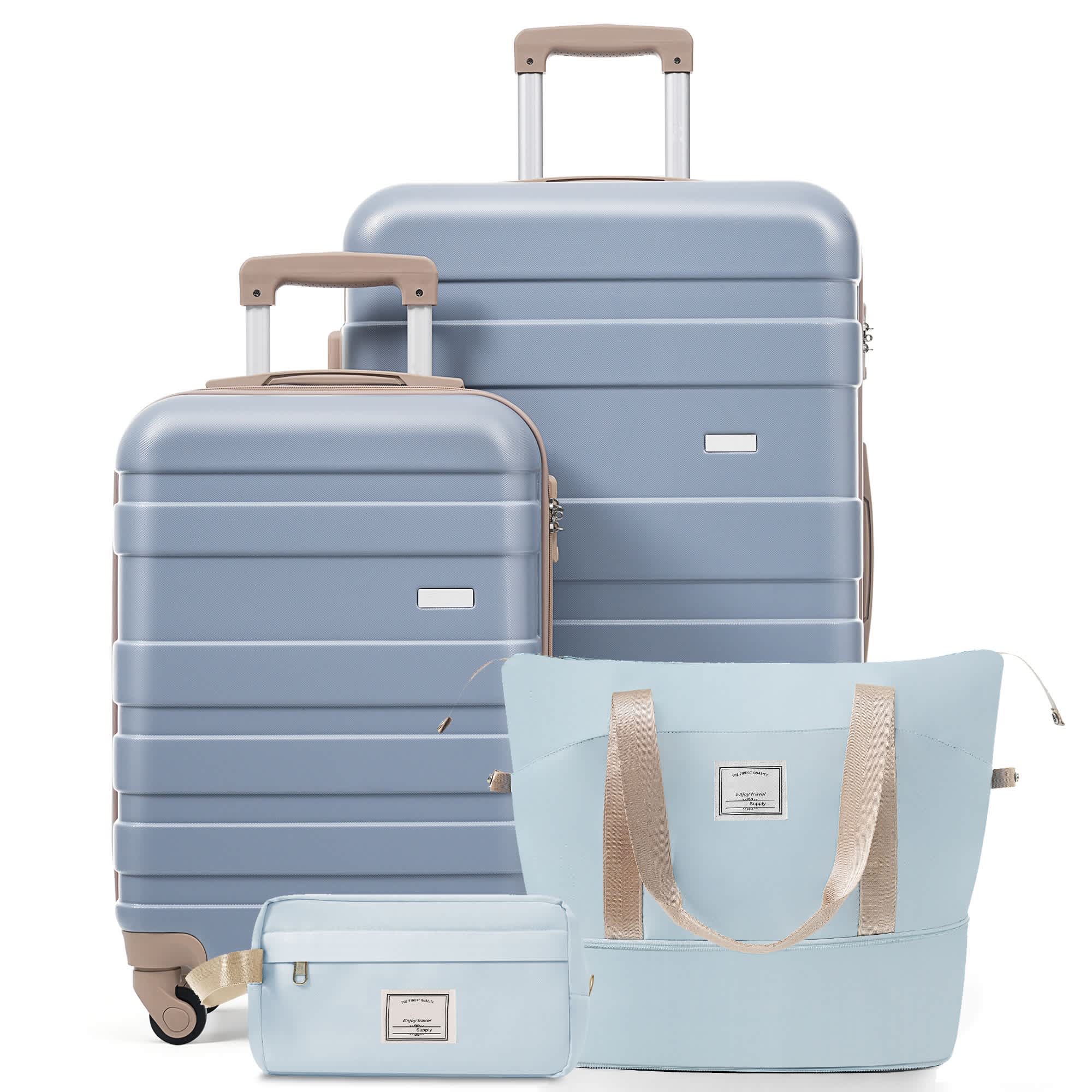 Vynxaria  4 Piece Luggage Set 20 Inch Carry On 28 Inch Checked Suitcase TSA Lock Travel Duffel Bag Wet Dry Toiletry Bag Blue