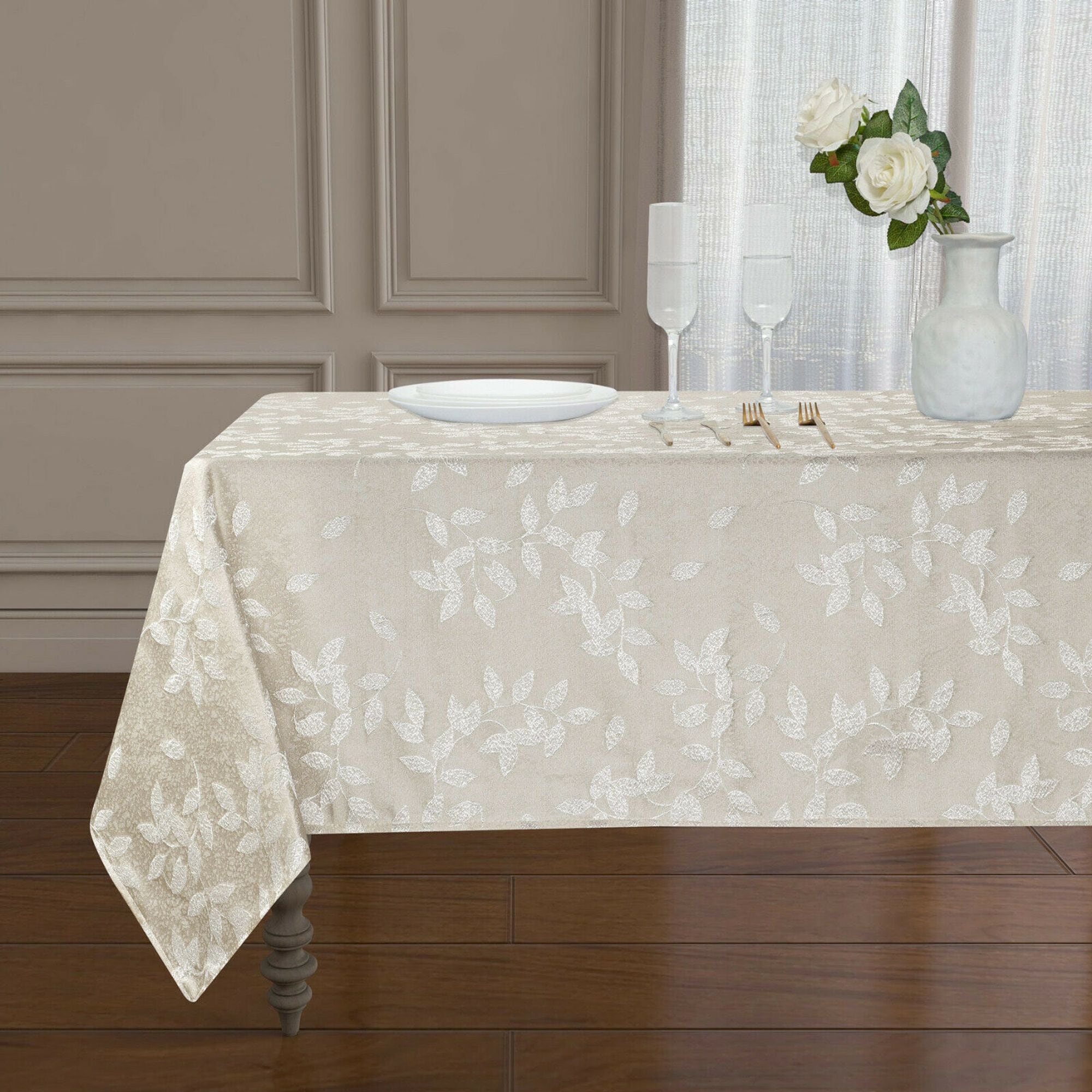 KATE AURORA Living Raised Jacquard Floral Leaves Spill Proof Fabric Tablecloth 60 in W x 84 in L Ivory