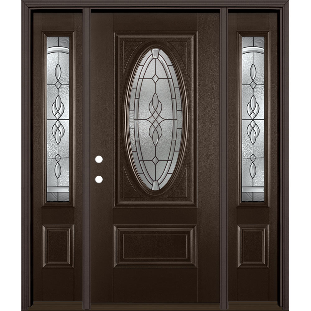 Masonite 1328242 Hampton 64-in x 80-in Fiberglass Oval Lite Right-Hand Inswing Walnut Stained Prehung Single Front Door with Sidelights with Brickmould Insulating Core