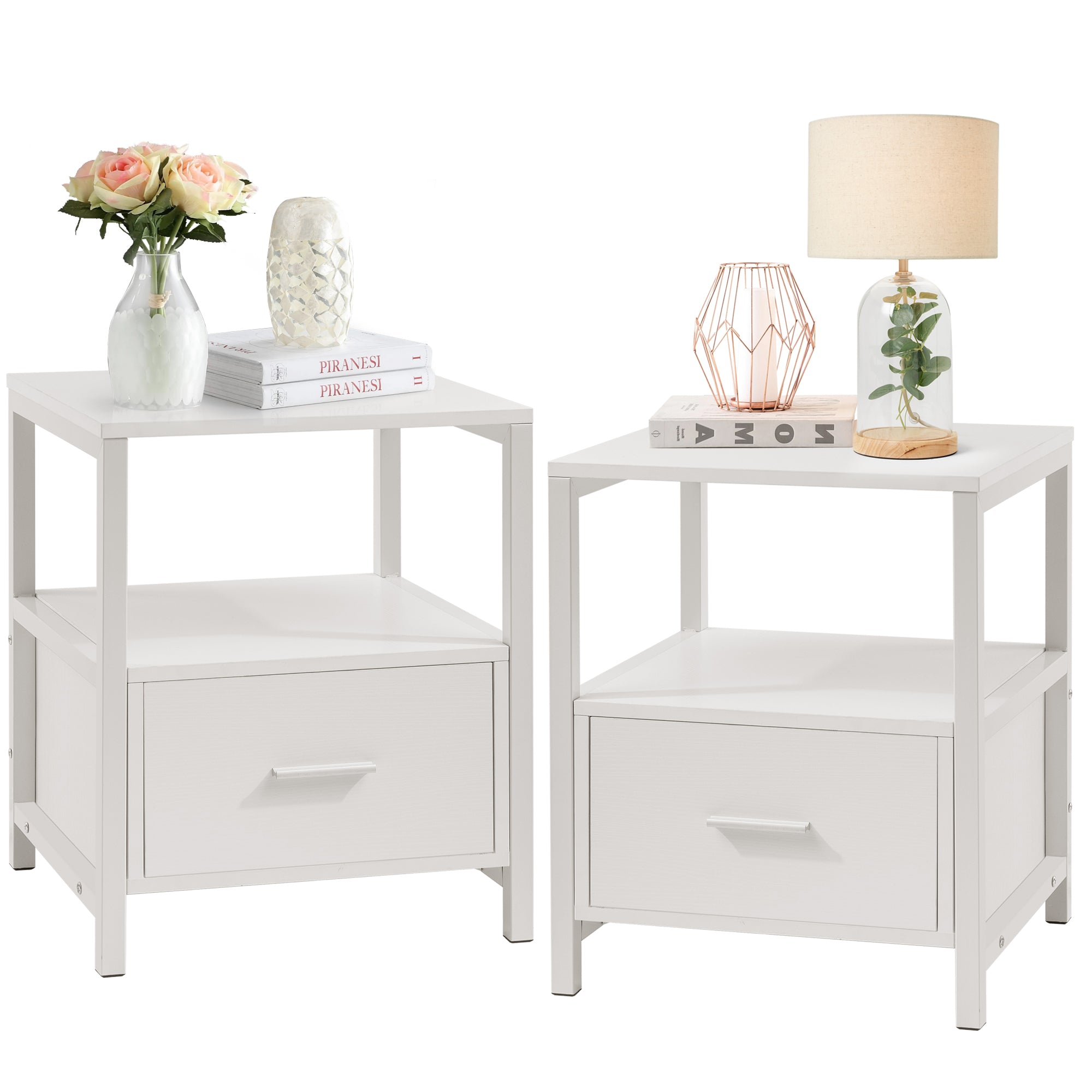 Vecelo LOE-DX-T05-WHITE-A2 Set of 2 Nightstand with Drawer Square End Bedside Tables with Open Shelf Stable Metal Frame Small Side Tables for Bedroom White