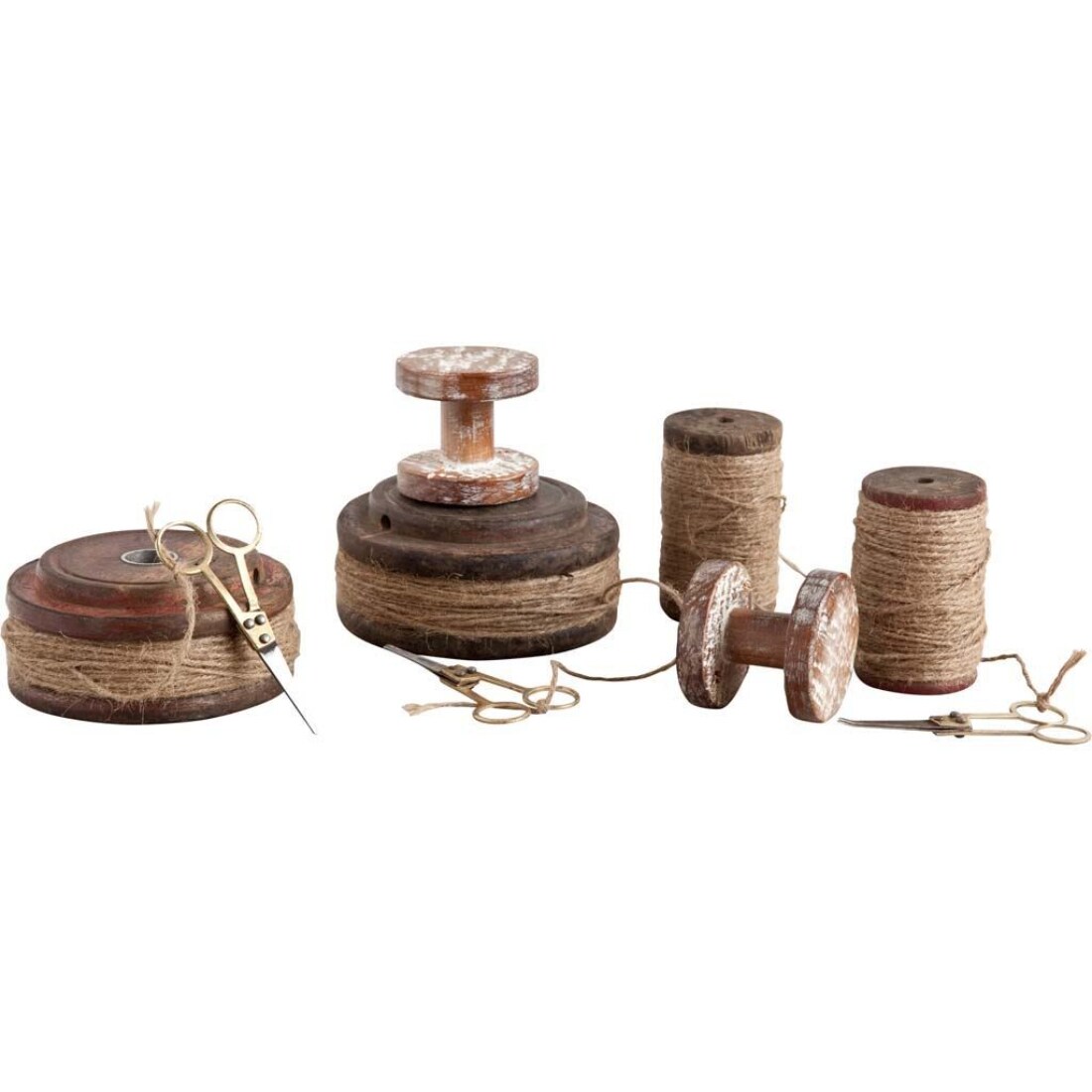 HomeRoots 4000392566 Set of Nine Antique Wooden Spools and Scissors