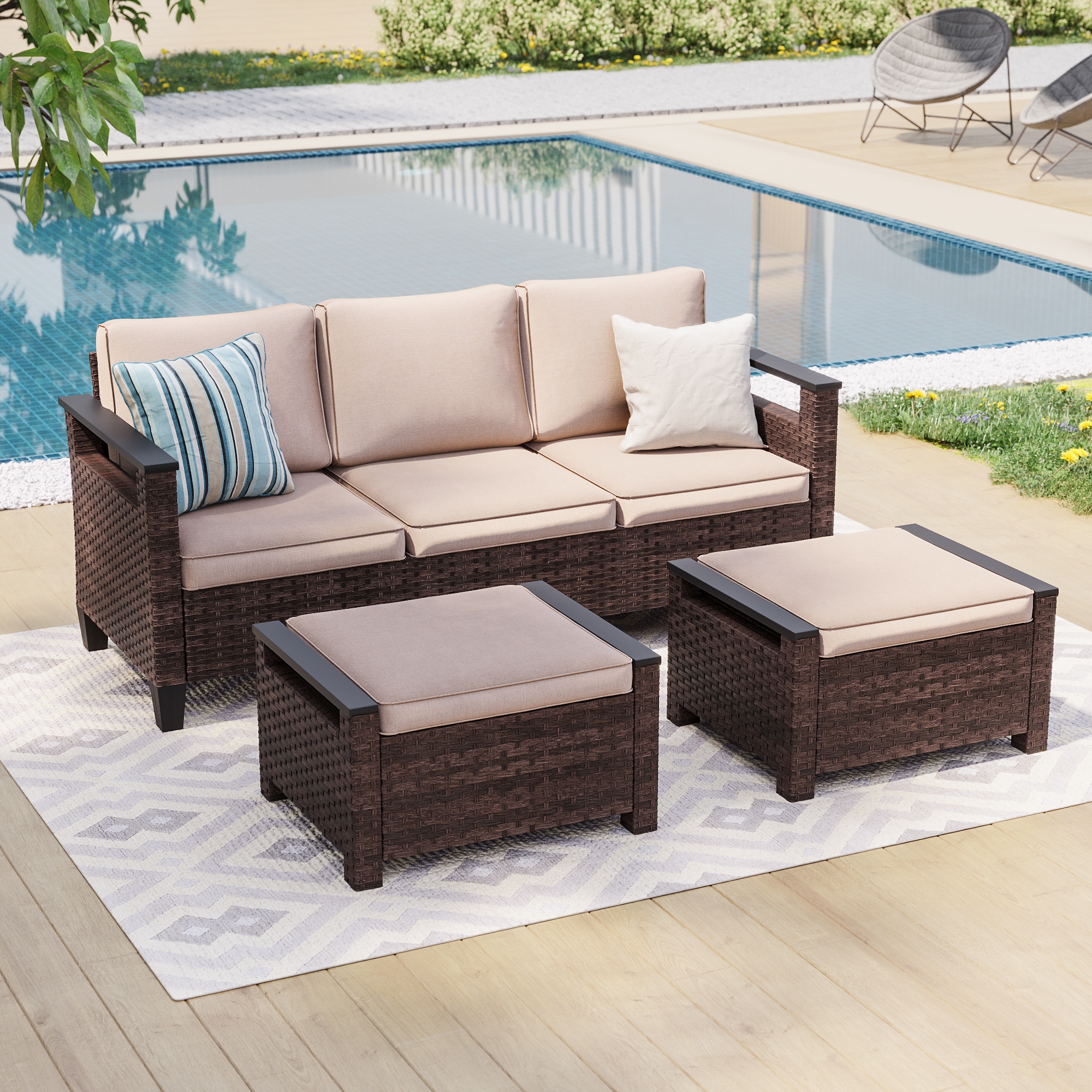 ACEGOSES LW-PS-126S1BSD Skytop 3 -Piece Wicker Patio Sofa Conversation Set with Beige Cushions