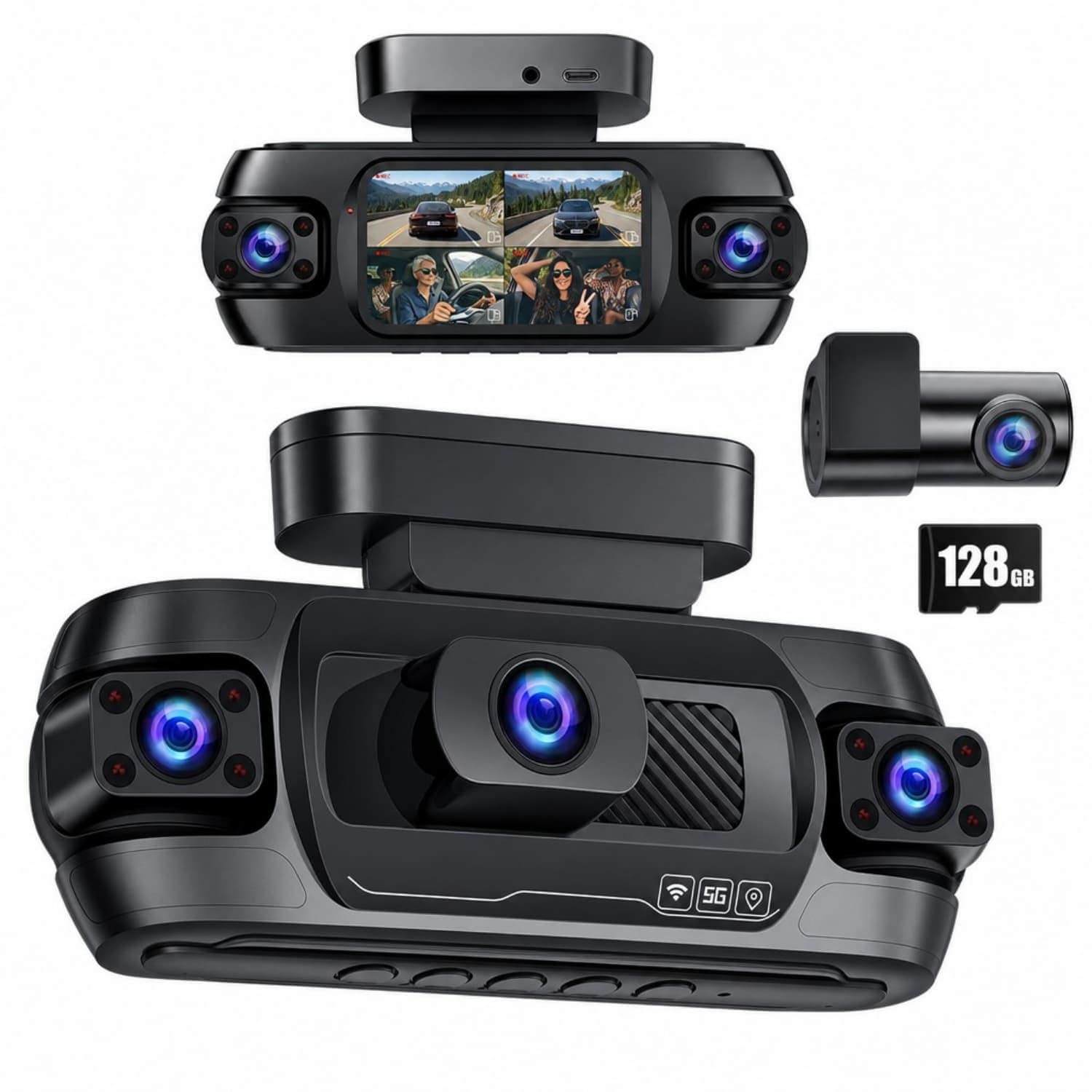 OGETFUUR 4K Front Lens 4 Channel Dash Cam with GPS 5GHz WiFi APP Control 3 x 1080P Rear Left Right Inside 8 IR Night Vision 24H Parking Mode G-Sensor Free 128GB Card