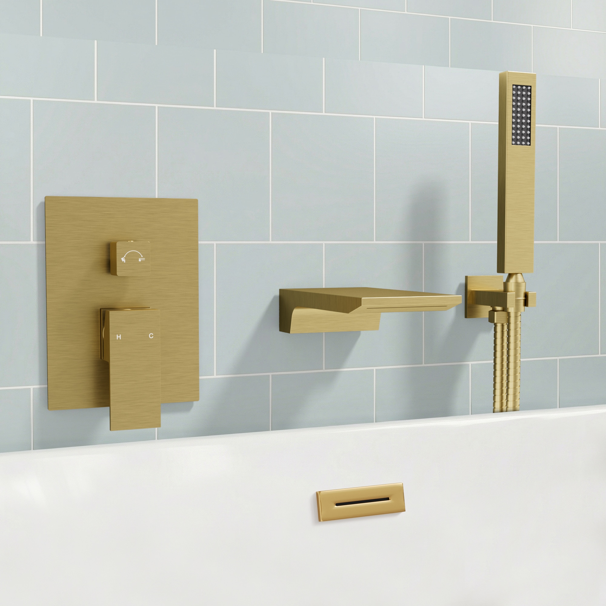 YAWWALK High Flow 1 Handle Wall Mount Bathtub Faucet with Pressure Balance Valve and 60 Inch Hand Shower for Safer Temperature Control in Brushed Gold