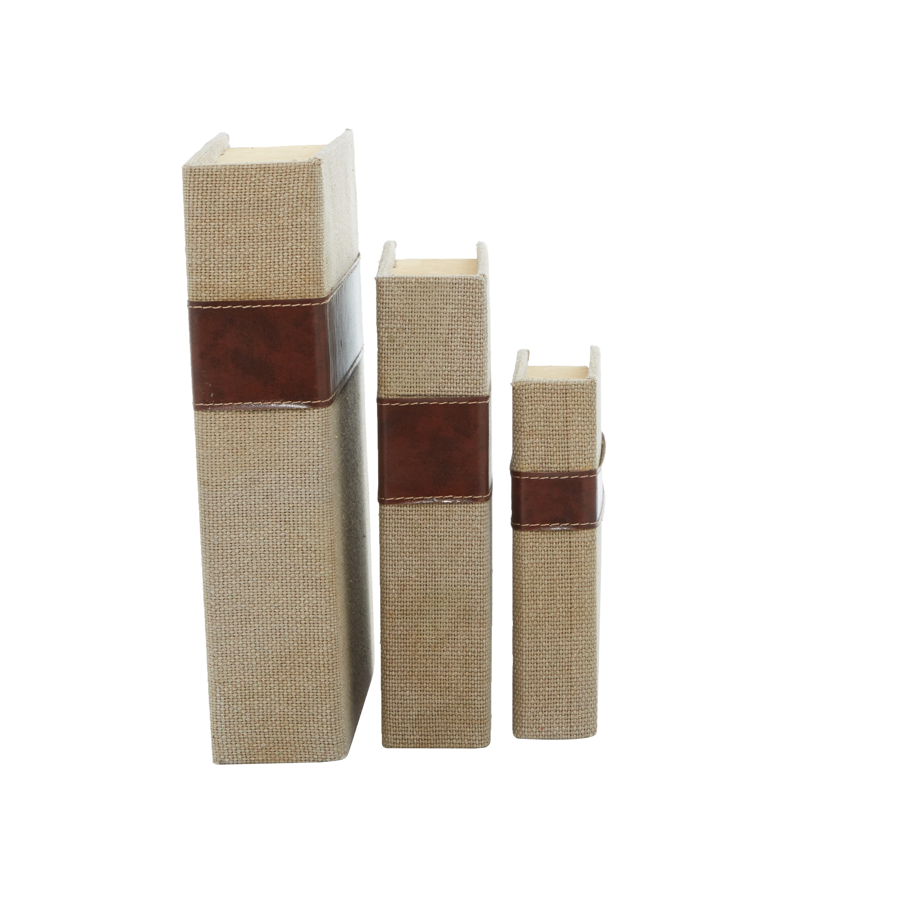 Set of 3 Beige and Brown Burlap Faux Leather Book Boxes