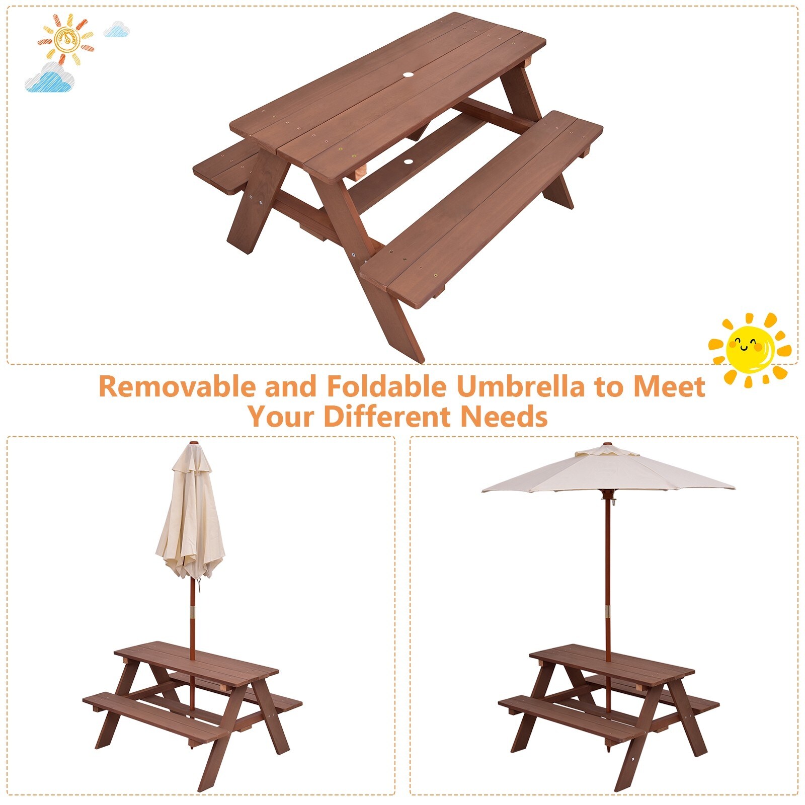 Allblessings Folding 4 Seats Kids Picnic Table w/Umbrella Garden Yard Bench Outdoor For Children 