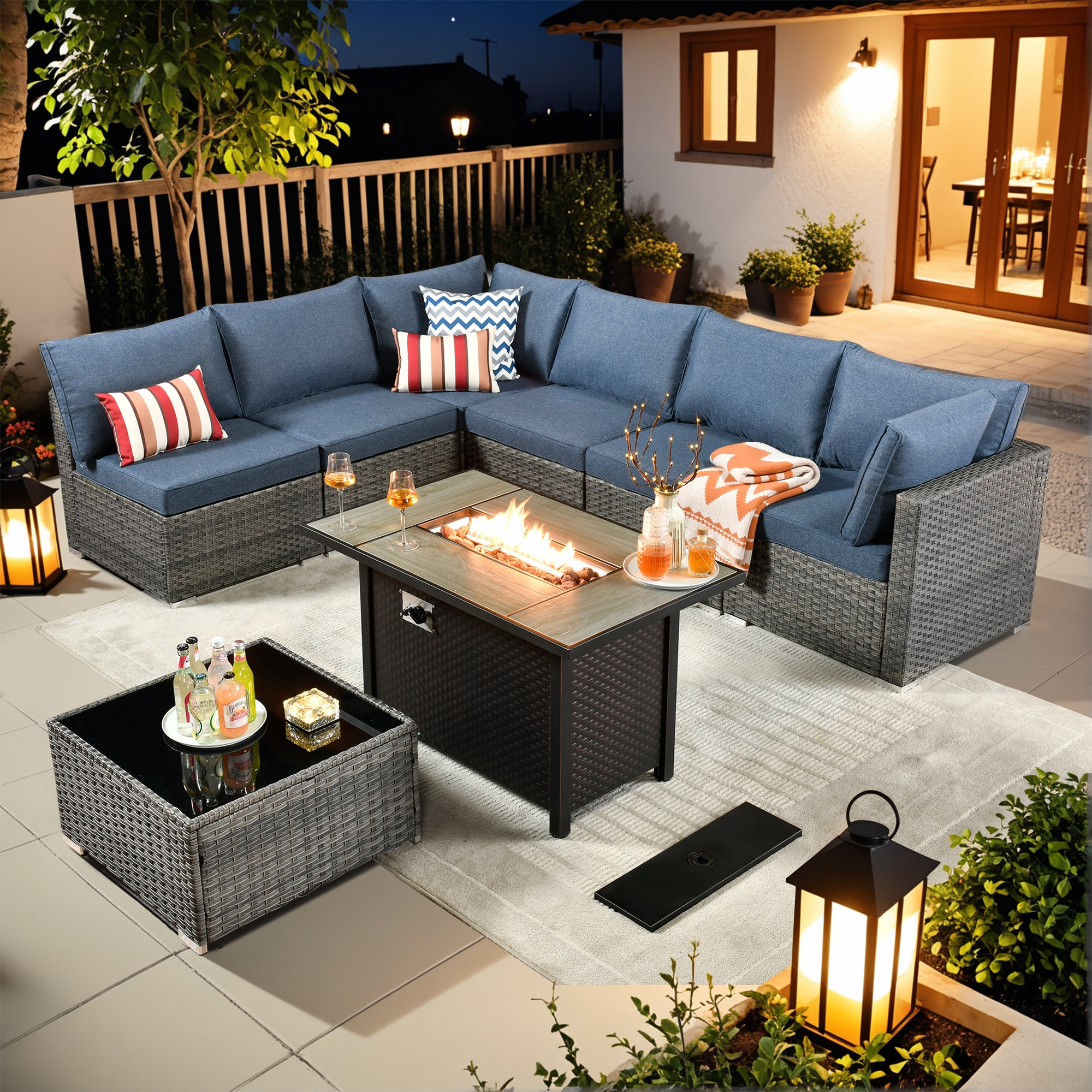 weaxty DCFP03RRS308 Kuuga 8 -Piece Rattan Patio Conversation Set with Blue Cushions