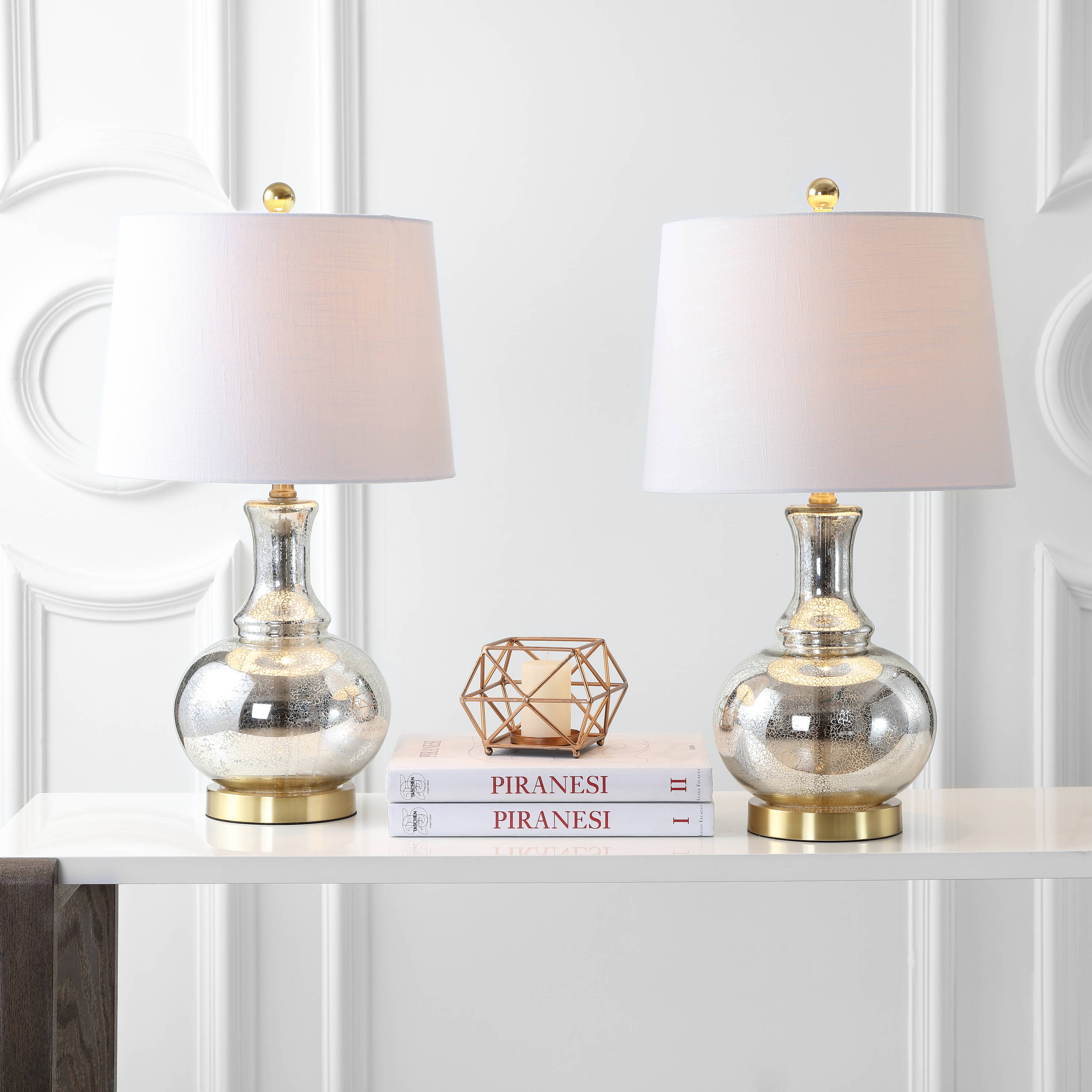 JONATHAN  Y JYL1068A-SET2 Lavelle Glass Contemporary Transitional 25-in Mercury Silver LED Incandescent Rotary socket Table Lamp with Linen Shade 2 -Set