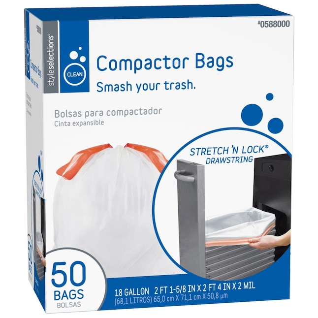 Style Selections 50-Pack 18-Gallon White Plastic Compactor Drawstring Trash  Bag at Lowes.com
